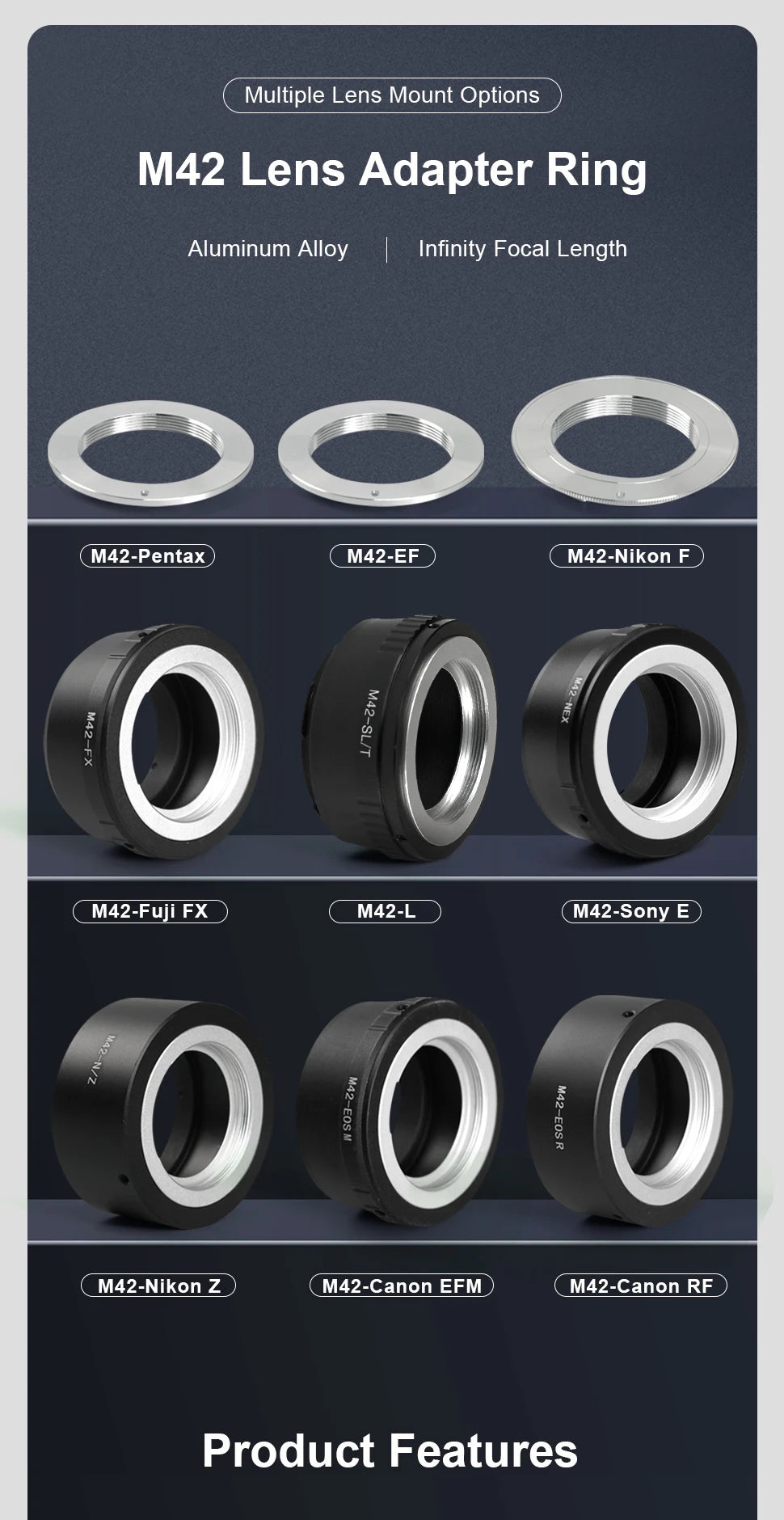 Lens Mount Adapter, Aluminum Alloy Full Manual Control Camera Lens Mount Adapter for M42 Thread Aluminum OM Lens to 4⁄3 Camera Mount Adapter 4⁄3 E-620 E600 E450 E-520 E5