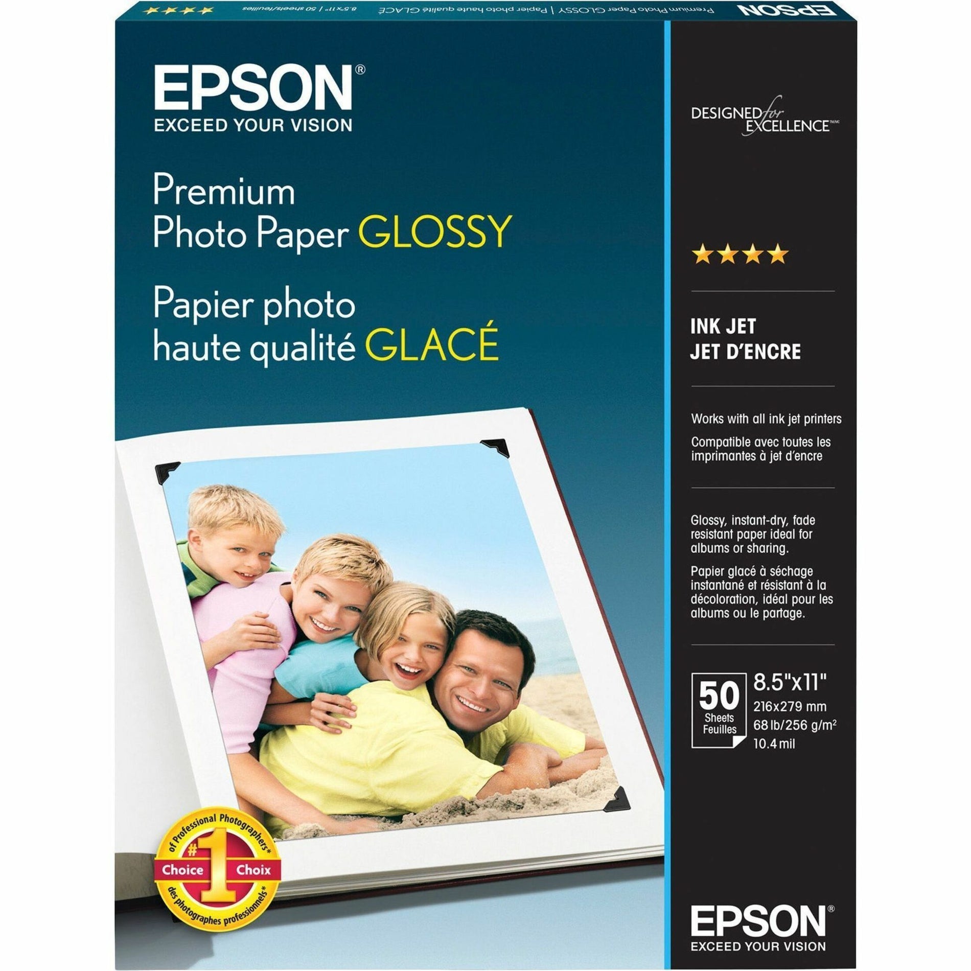 Epson S041667 Premium Photo Glossy InkJet Paper, Smudge and Water-Resistant Quick Dry Surface, Traditional Photograph Look and Feel