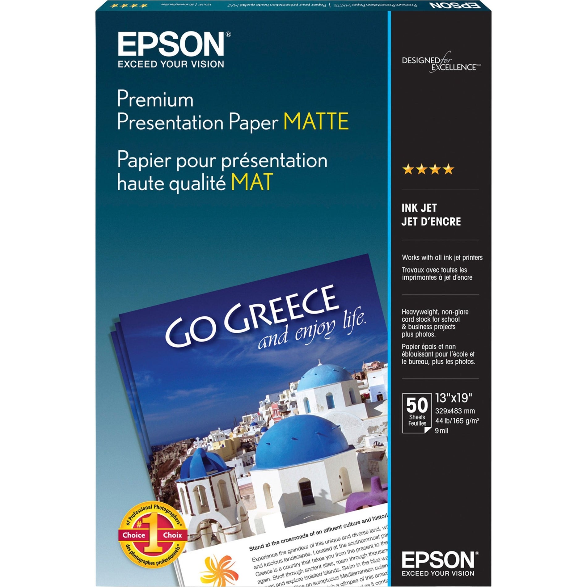 Epson S041263 Premium Matte Inkjet Presentation Paper, 13"x19", 44 lb, 50/PK