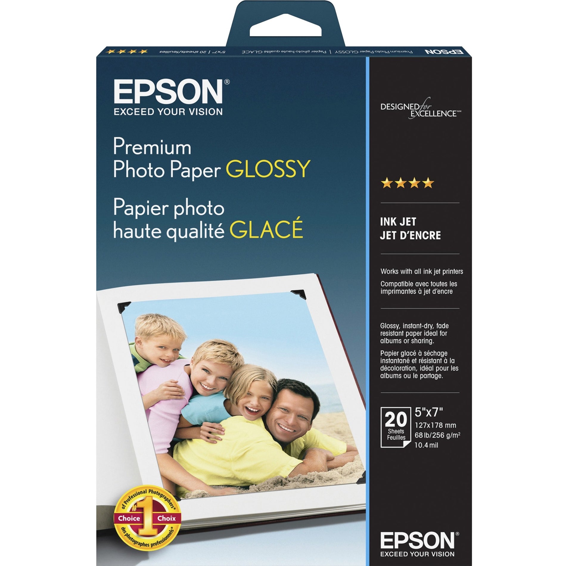 Epson S041464 Borderless Premium Photo Paper, Glossy, 5"x7", 20/PK, Smudge and Water-Resistant Quick Dry Surface