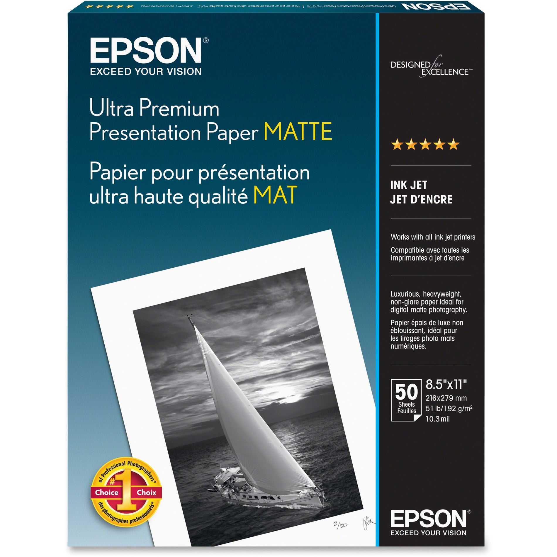 Epson S041341 Ultra Premium Matte Presentation Paper, 8.5" x 11", 49 lb, 50/Pack