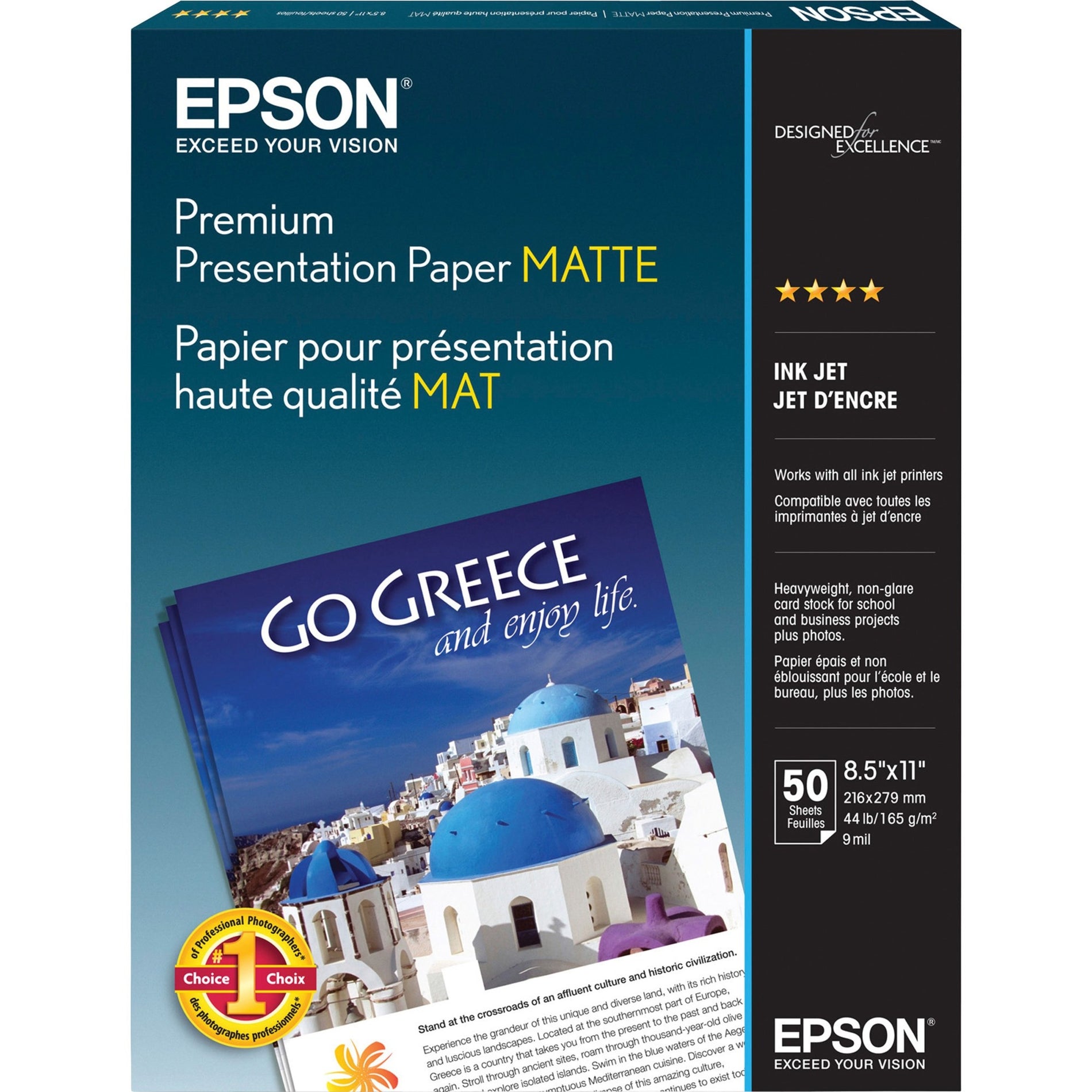 Epson S041257 Premium Matte Inkjet Presentation Paper, 44 lb, 8-1/2"x11", 50/PK, Non-Glare Finish, Resists Fading up to 72 Years
