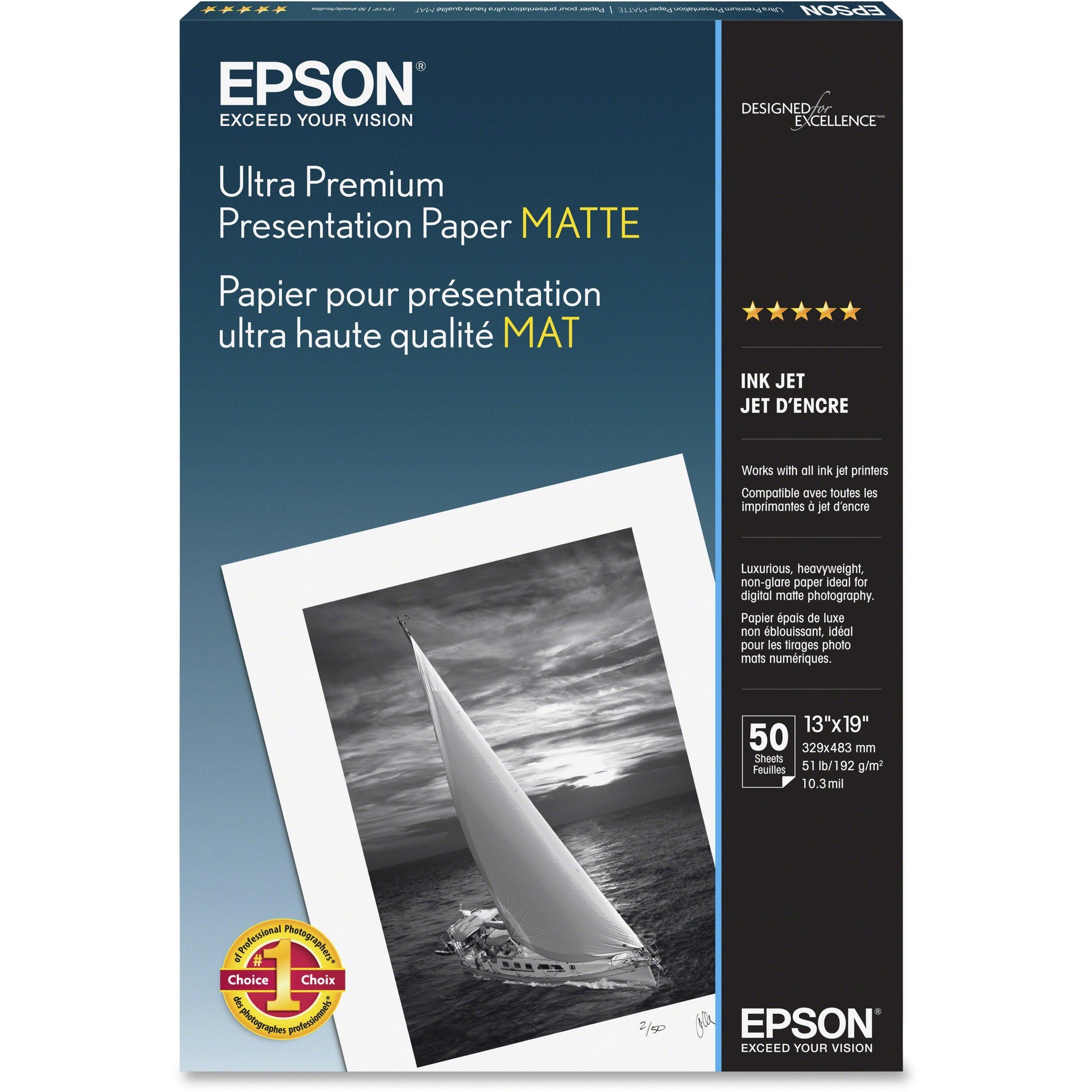 Epson S041339 Ultra Premium Matte Presentation Paper, 13"x19", 50/PK, WE