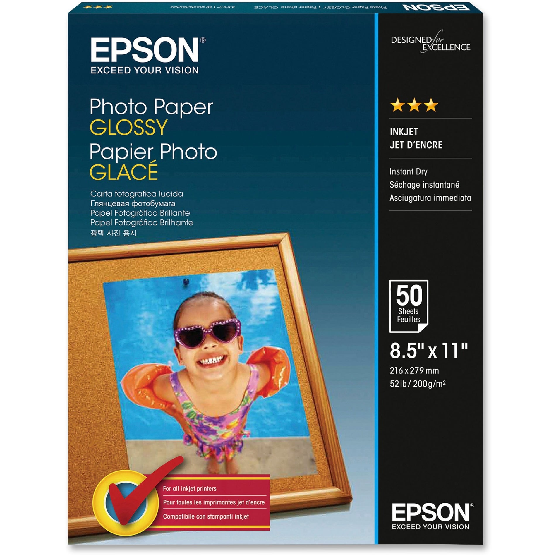 Epson S041649 Glossy Finish Photo Paper, Quick Dry Surface, 8.5" x 11", 50/Pack