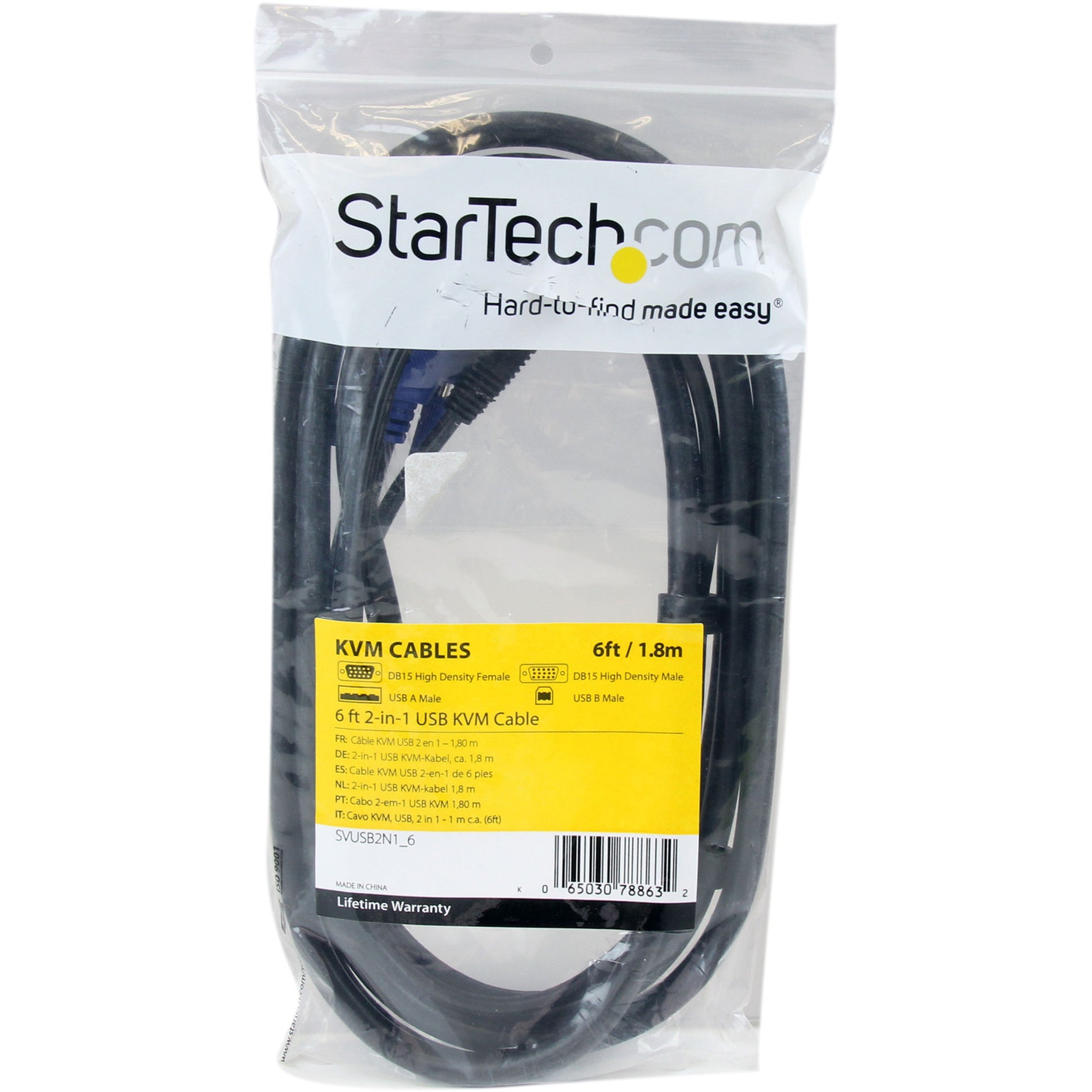 StarTech.com SVUSB2N16 USB KVM Cable, 6 ft, Tangle Resistant, Copper Conductor, Black