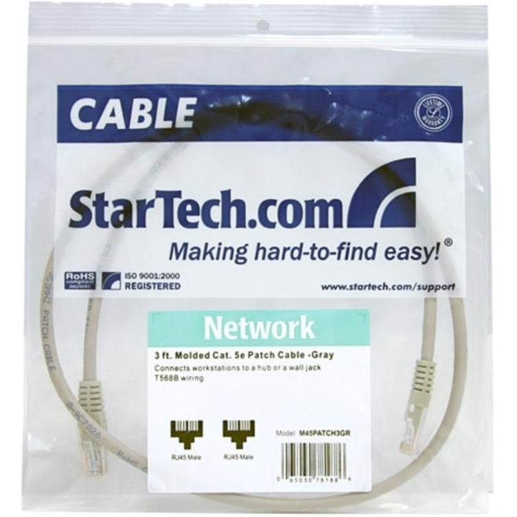 StarTech.com M45PATCH3GR 3 ft Gray Molded Cat5e UTP Patch Cable, Lifetime Warranty, 50-micron Gold Connectors