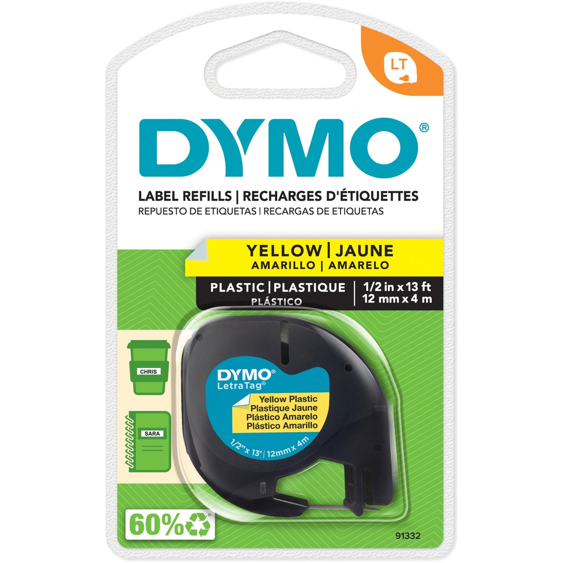 Dymo 91332 LetraTag Label Maker Tape Cartridge, 1/2"x13', Plastic, Hyper Yellow