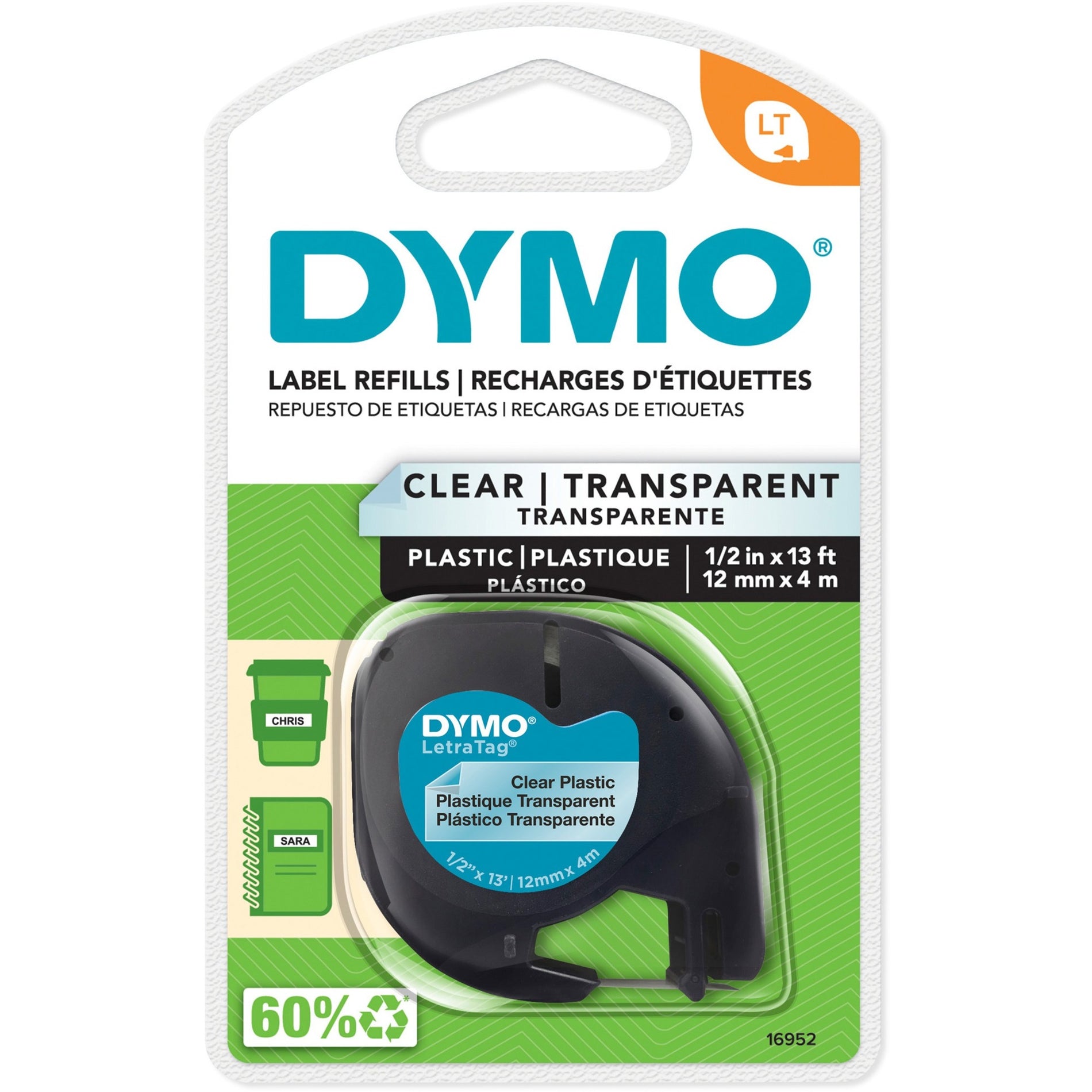 Dymo 16952 Letra Tag Labelmaker Tapes, 1/2"x13', Black on Clear