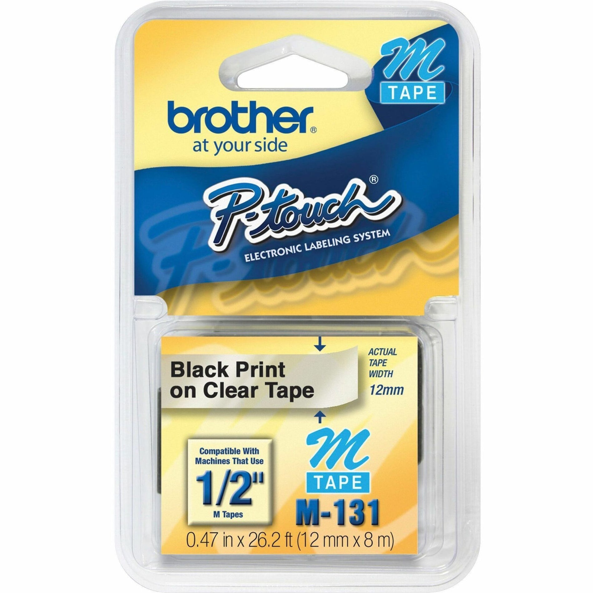 Brother M131 P-touch System 1/2" Black on Clear M Tape, Non-Laminated Label Tape