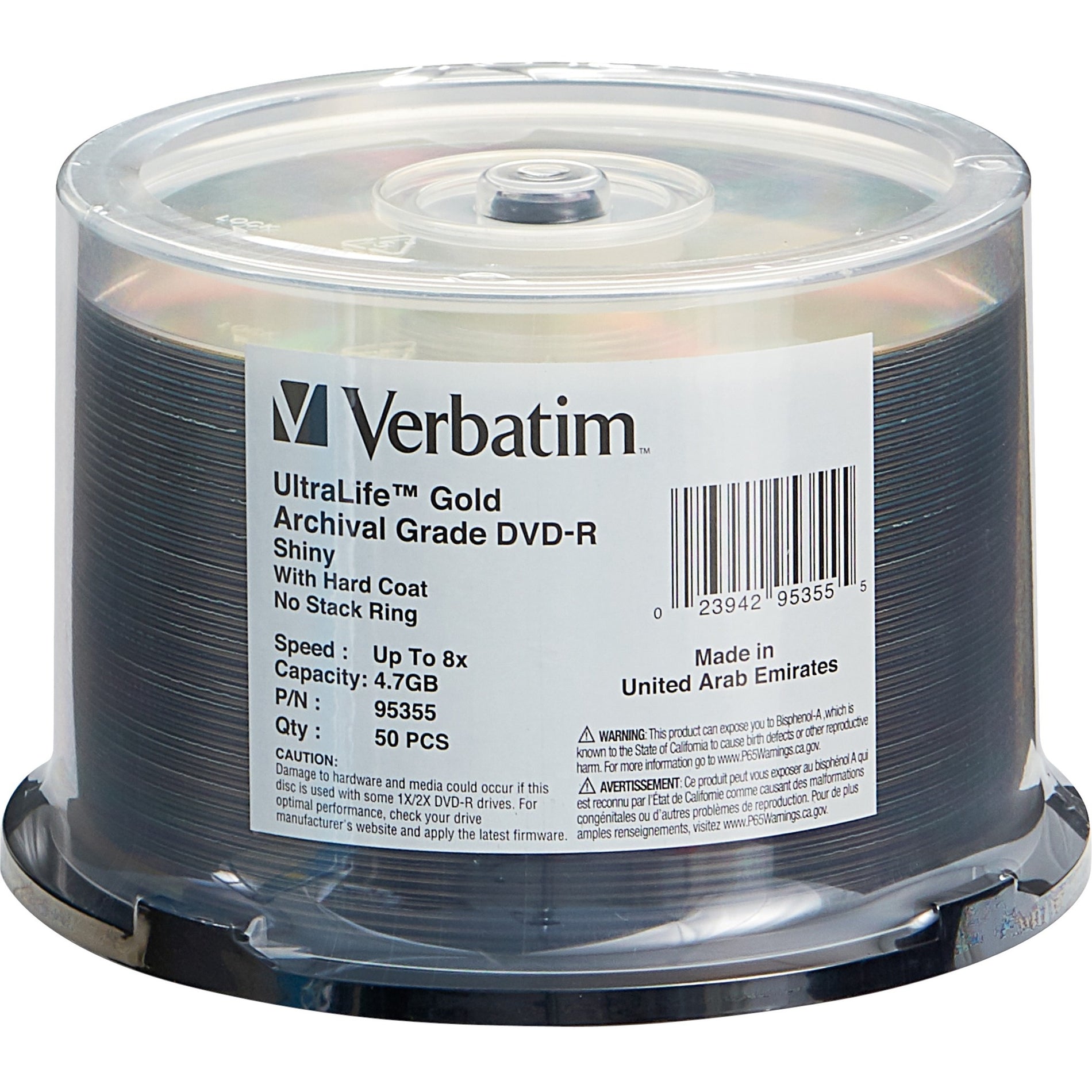 Verbatim 95355 UltraLife Gold Archival Grade DVD-R 4.7GB 8x 50pk Spindle, Hub Printable