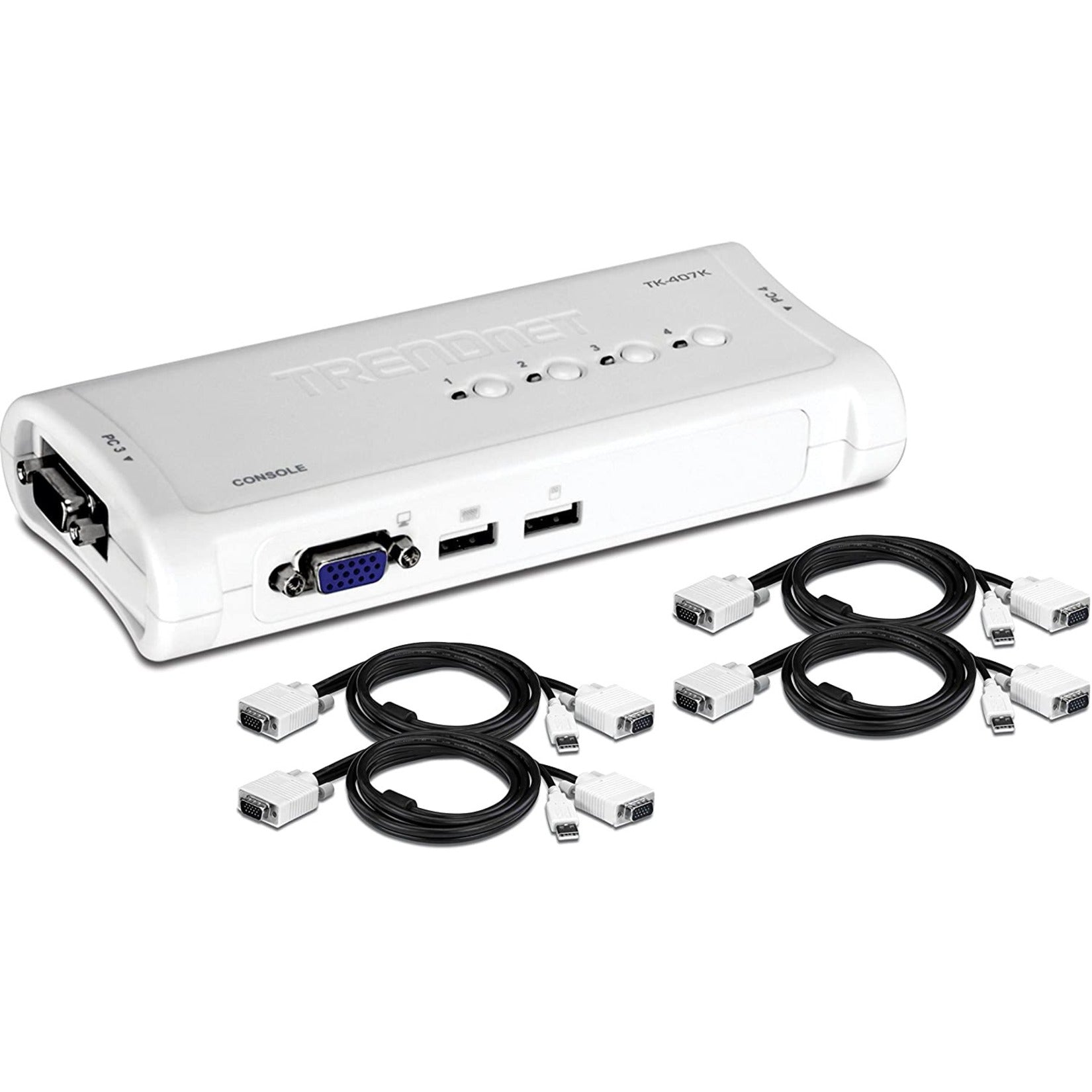 TRENDnet 4-Port USB KVM Switch Kit, VGA And USB Connections, 2048 x 1536 Resolution, Cabling Included, Control Up To 4 Computers, Compliant With Window, Linux, and Mac OS, White, TK-407K (TK-407K) Main image