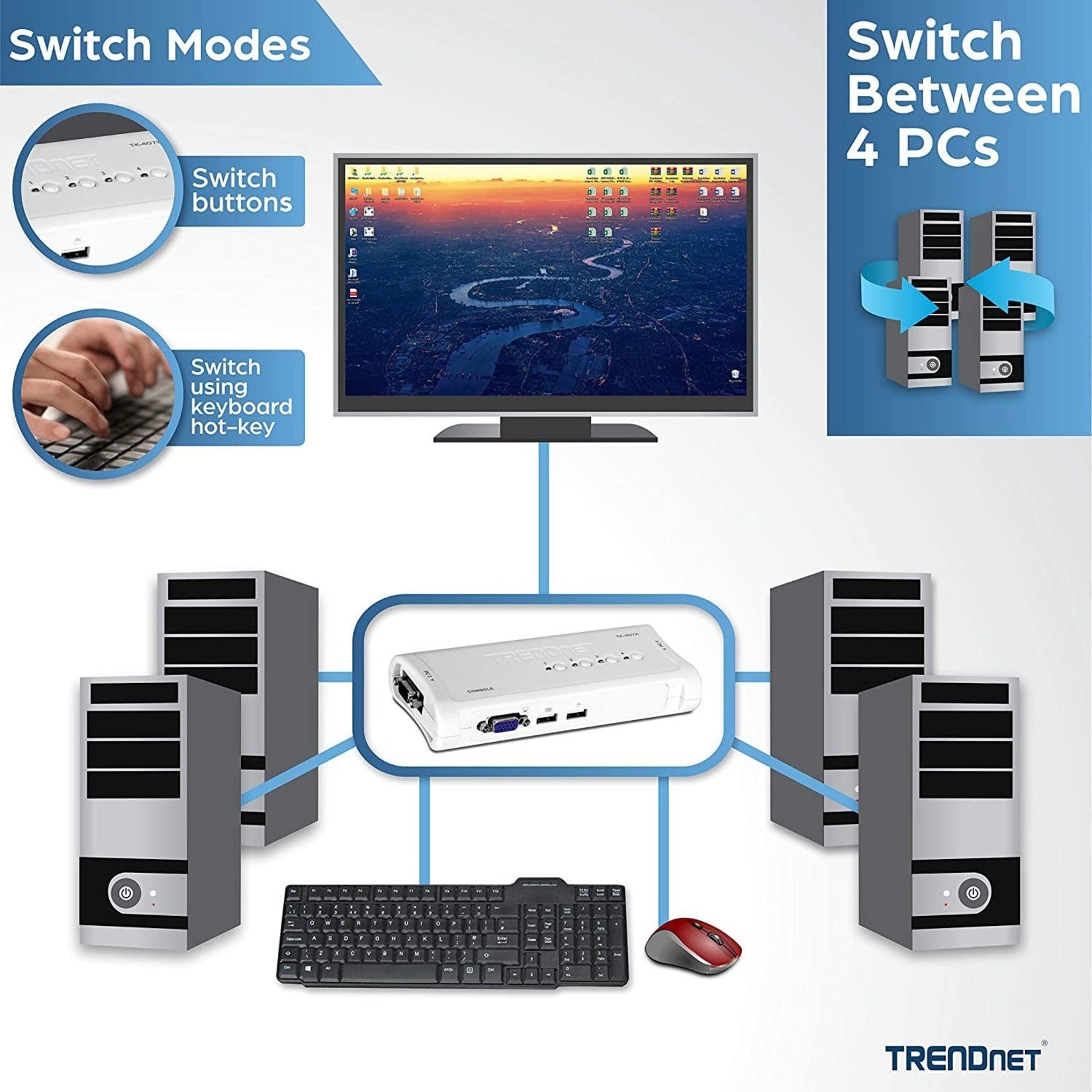 TRENDnet 4-Port USB KVM Switch Kit, VGA And USB Connections, 2048 x 1536 Resolution, Cabling Included, Control Up To 4 Computers, Compliant With Window, Linux, and Mac OS, White, TK-407K (TK-407K) Alternate-Image3 image