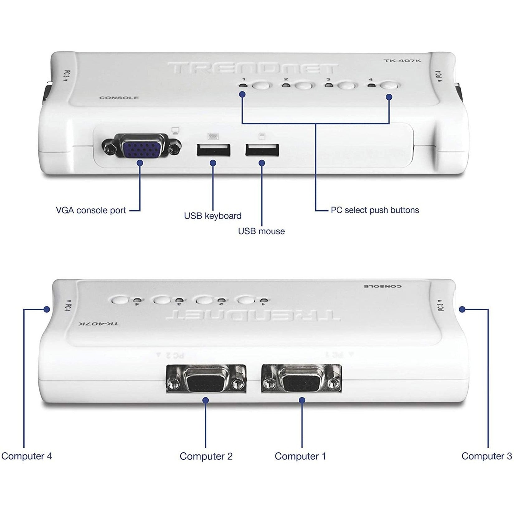 TRENDnet 4-Port USB KVM Switch Kit, VGA And USB Connections, 2048 x 1536 Resolution, Cabling Included, Control Up To 4 Computers, Compliant With Window, Linux, and Mac OS, White, TK-407K (TK-407K) Alternate-Image2 image