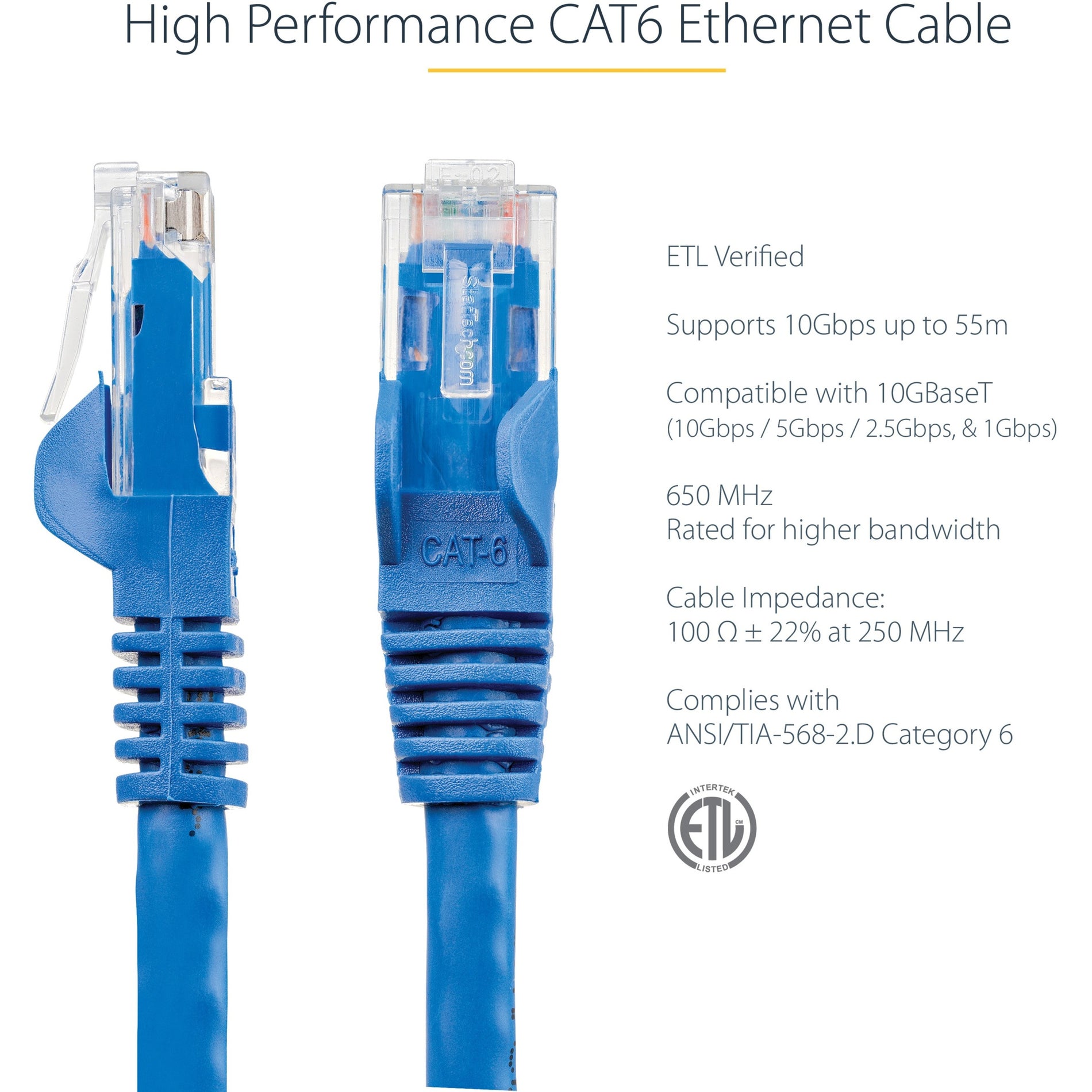 StarTech.com 3ft CAT6 Ethernet Cable - Blue Snagless Gigabit - 100W PoE UTP 650MHz Category 6 Patch Cord UL Certified Wiring/TIA (N6PATCH3BL) Alternate-Image2 image
