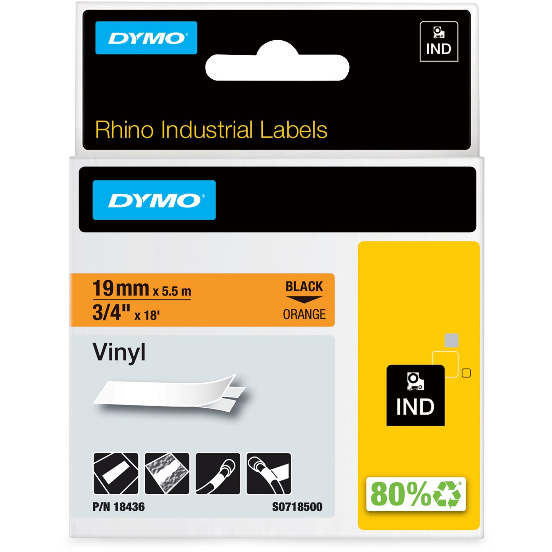 Dymo 18436 Colored Industrial Rhino Vinyl Labels, 3/4"x18ft, Black/Orange