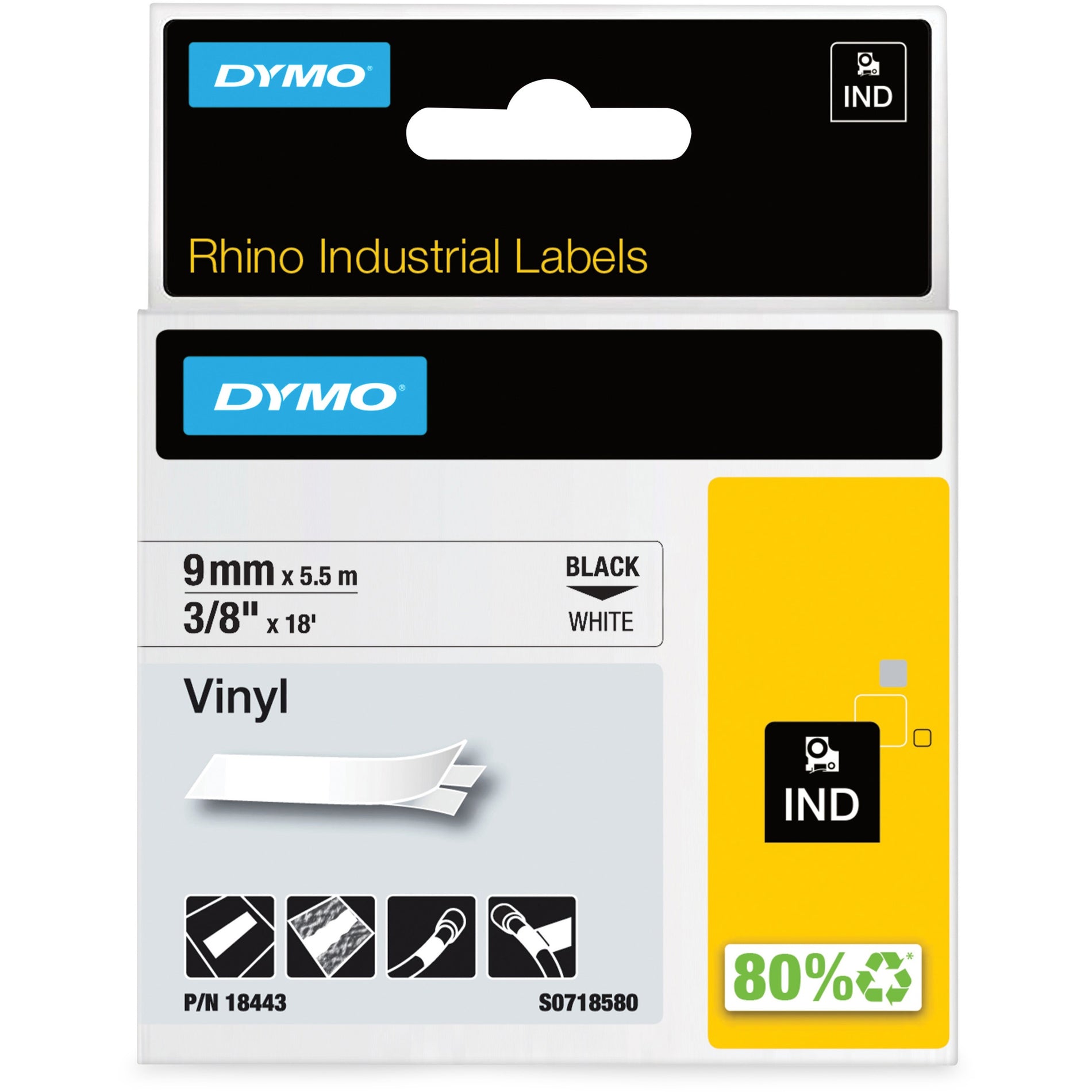 Dymo 18443 Rhino Industrial Vinyl Labels, White, Scratch Resistant, Oil Resistant