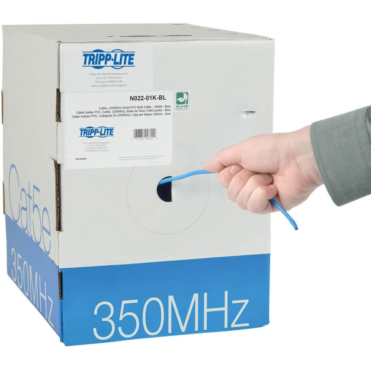 Tripp Lite N022-01K-BL Cat5e 350 MHz Bulk Solid-Core PVC Cable, Blue, 1000 ft., TAA