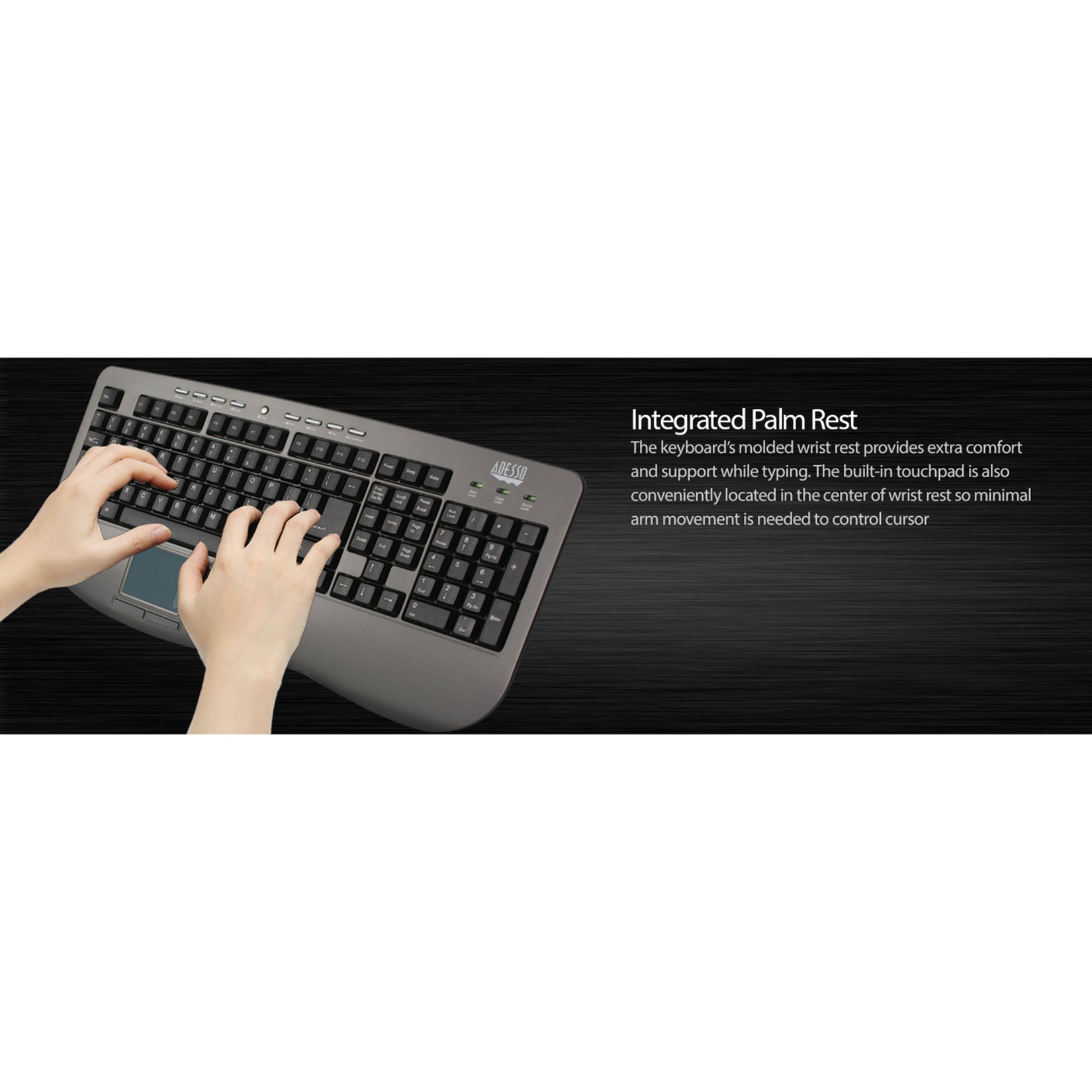 Adesso AKB-430UG Win-Touch Pro USB Keyboard, Graphite, Quiet Keys, Wrist Rest, Lightweight, Slim, Palm Rest