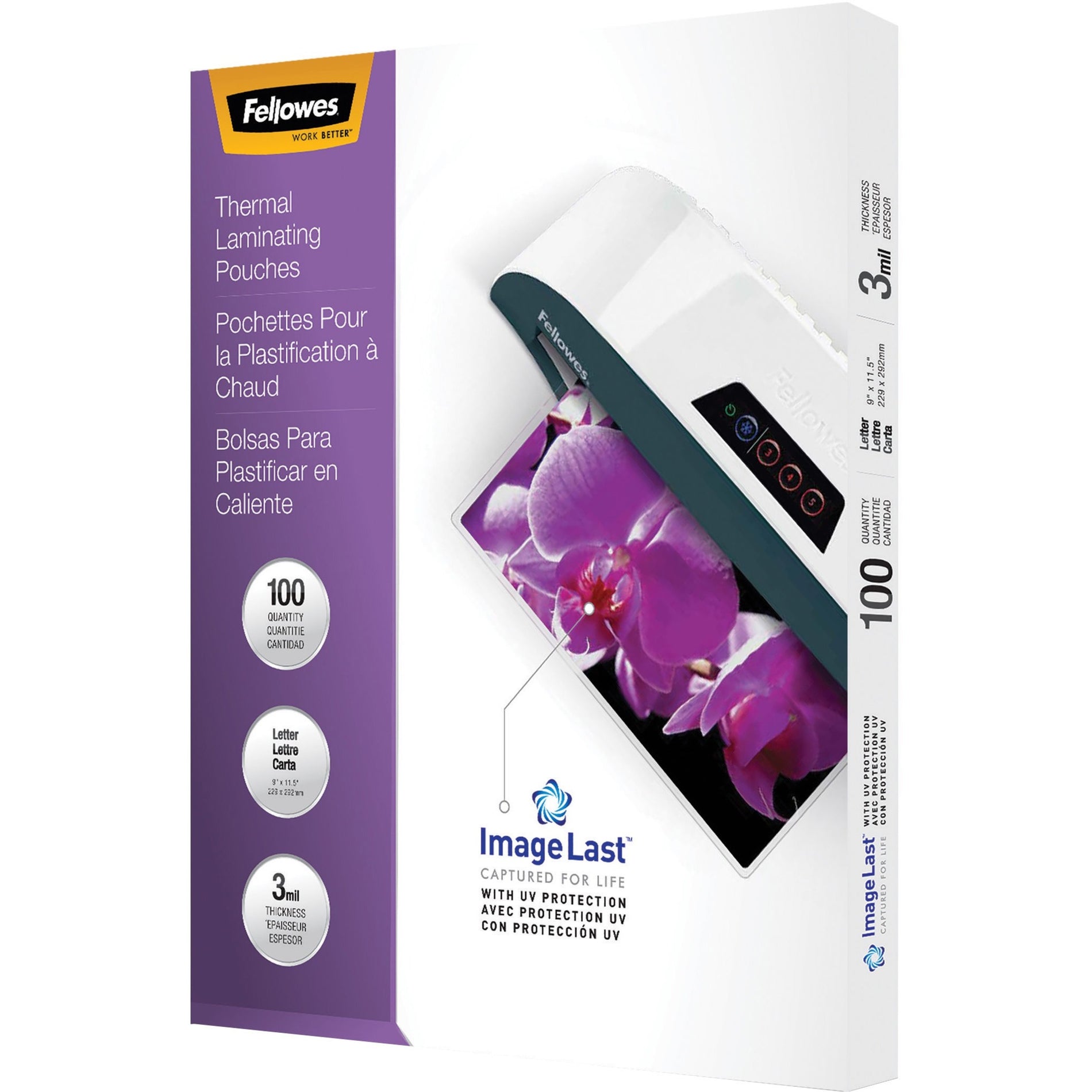 Fellowes 52454 ImageLast Thermal Laminating Pouches, Jam-free, Durable, UV Resistant, Fade Resistant, Type G - Glossy, Clear, 100 / Box