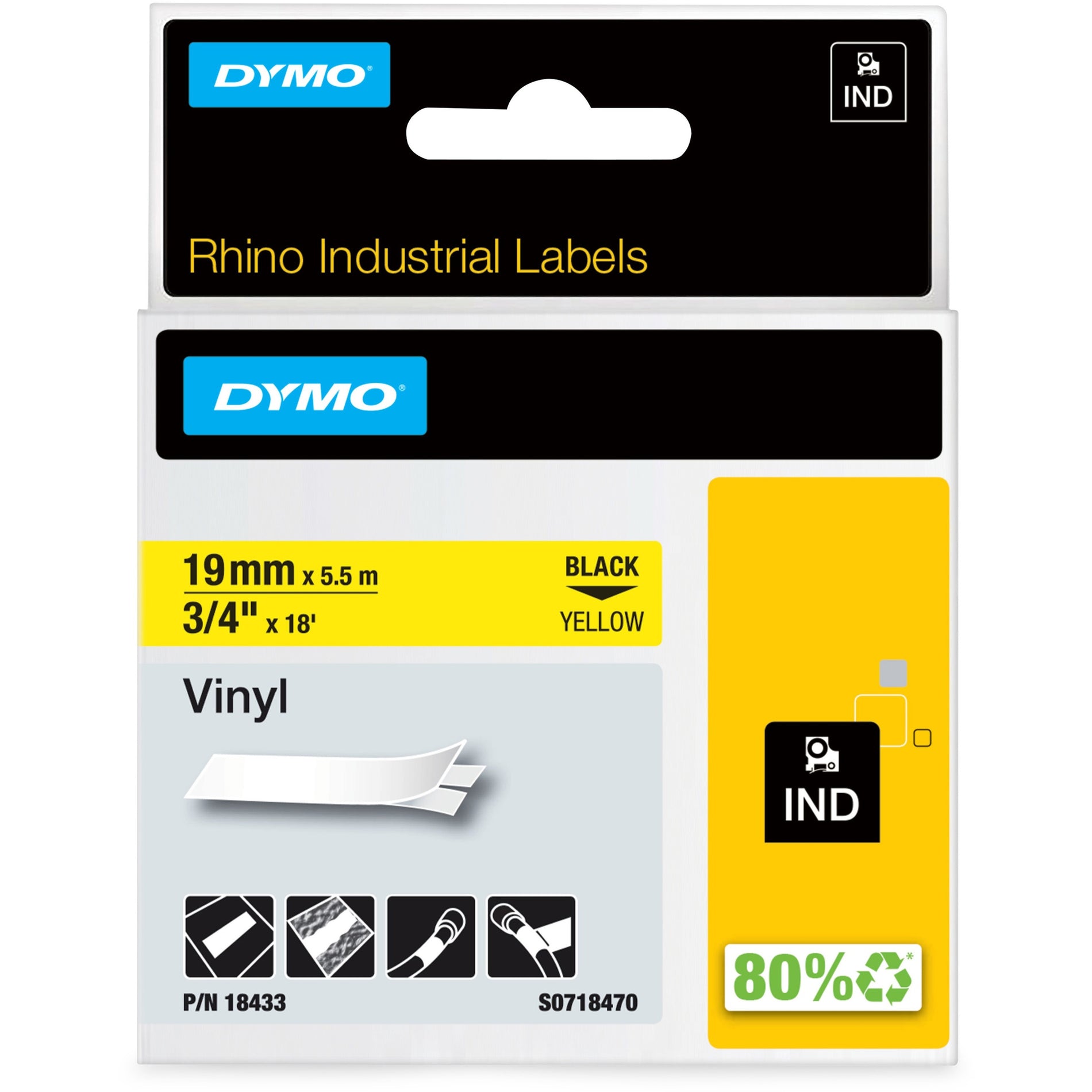 Dymo 18433 RhinoPRO Colored Industrial Vinyl Labels, 3/4"x18ft, Black/Yellow