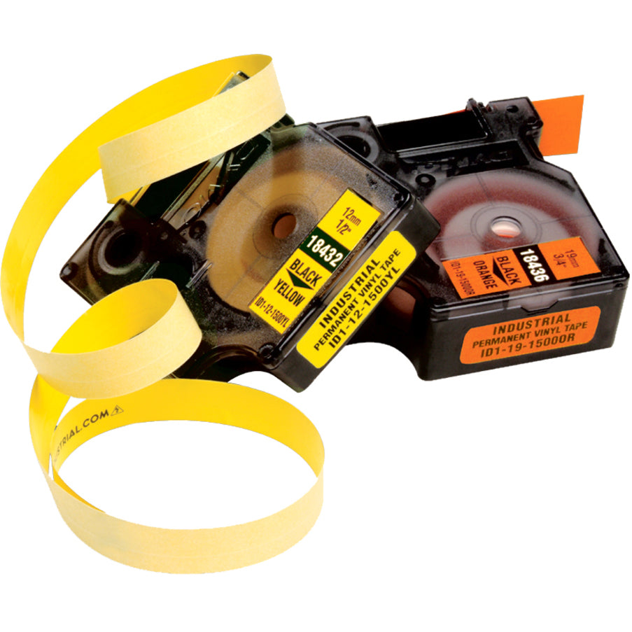 Dymo 18432 RhinoPRO Label Tape, Yellow/Black, 15/32" x 18 3/64 ft, Abrasion Resistant, Temperature Resistant, Chemical Resistant, Solvent Resistant, Self-adhesive, UV Resistant, Water Resistant