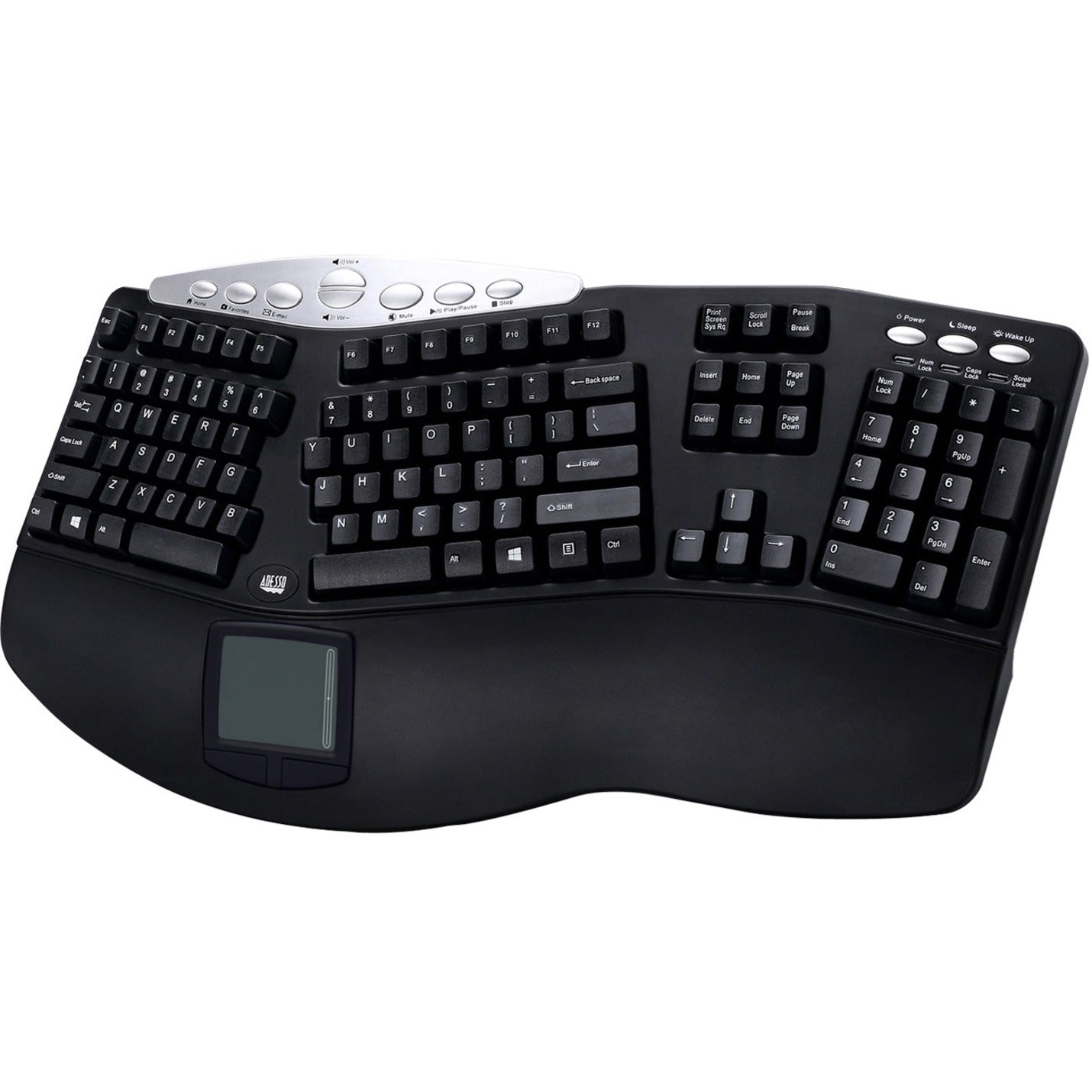 Adesso PCK-308UB Tru-Form Contoured Ergonomic Keyboard with Built-In Touchpad, USB Cable, Quiet Keys, Split Layout, Wrist Rest