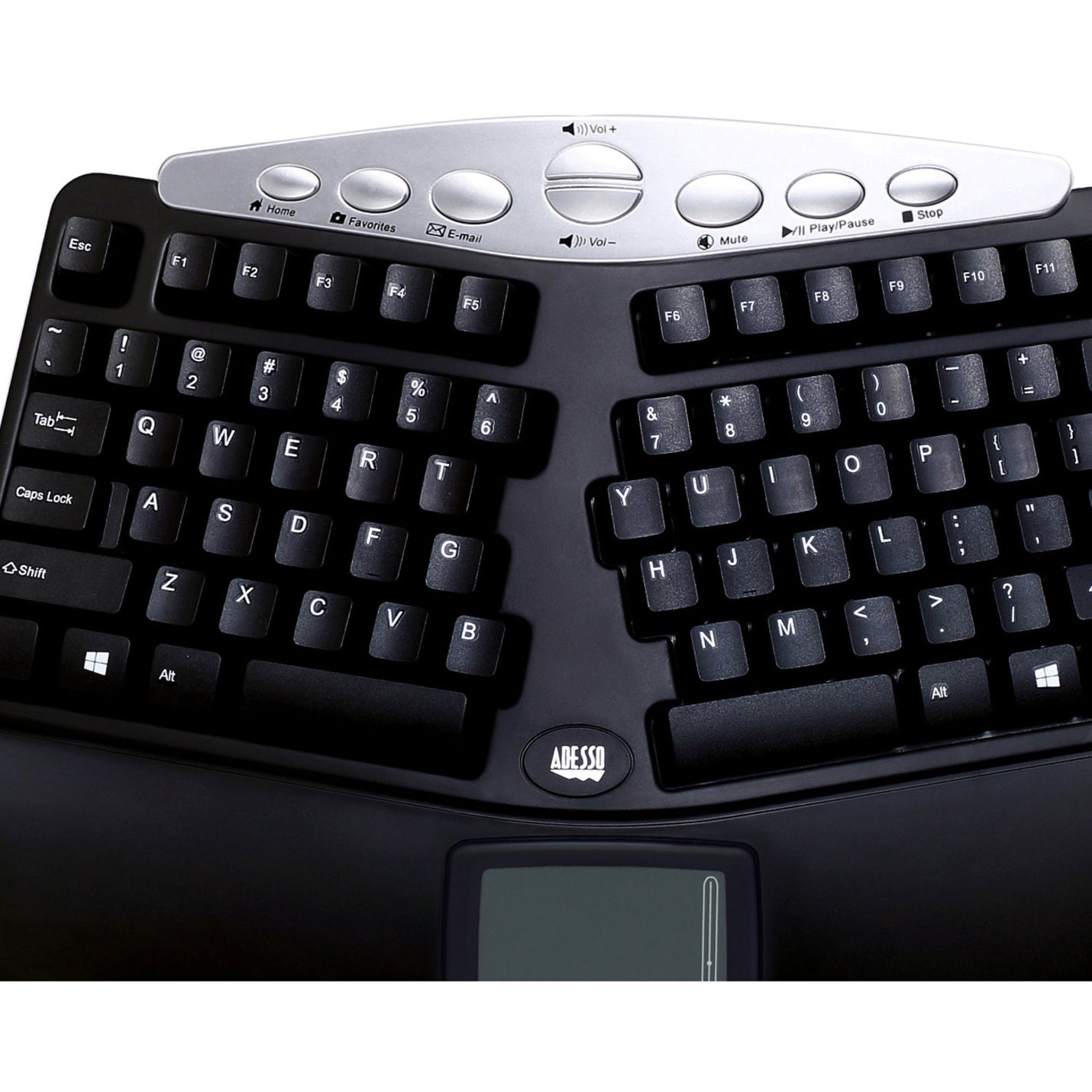 Adesso PCK-308UB Tru-Form Contoured Ergonomic Keyboard with Built-In Touchpad, USB Cable, Quiet Keys, Split Layout, Wrist Rest