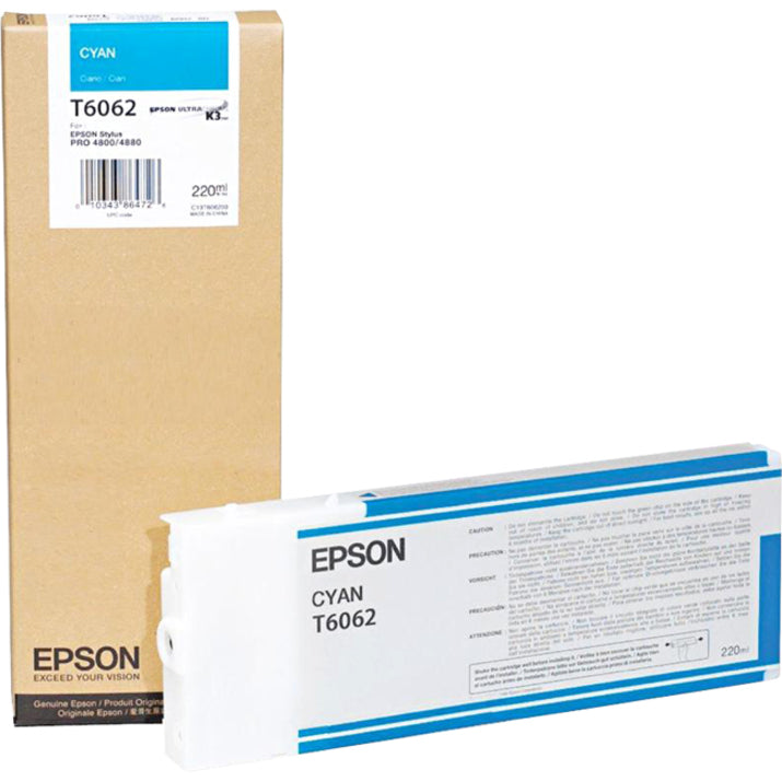 Epson T606200 Cyan Ink Cartridge, 220 mL, for Stylus Pro 4880