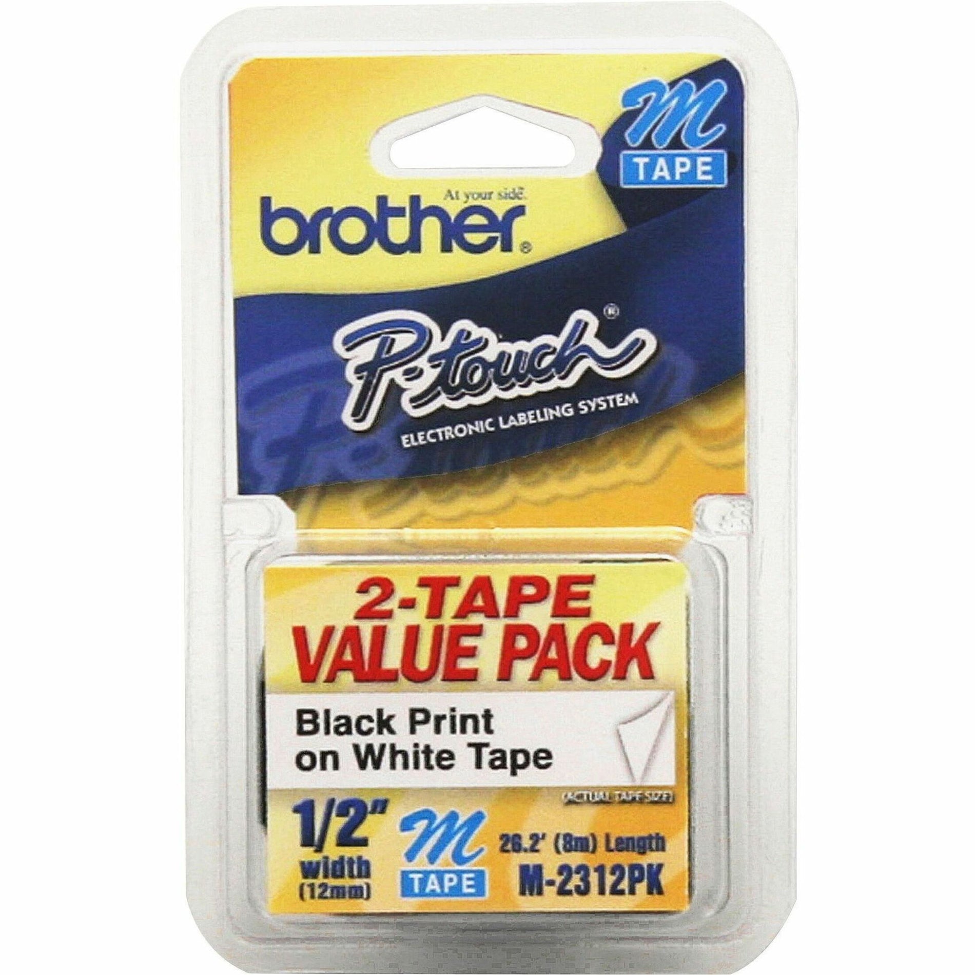 Brother M2312PK P-touch Nonlaminated M Tape Value Pack, 1/2" Black/White, 2/PK