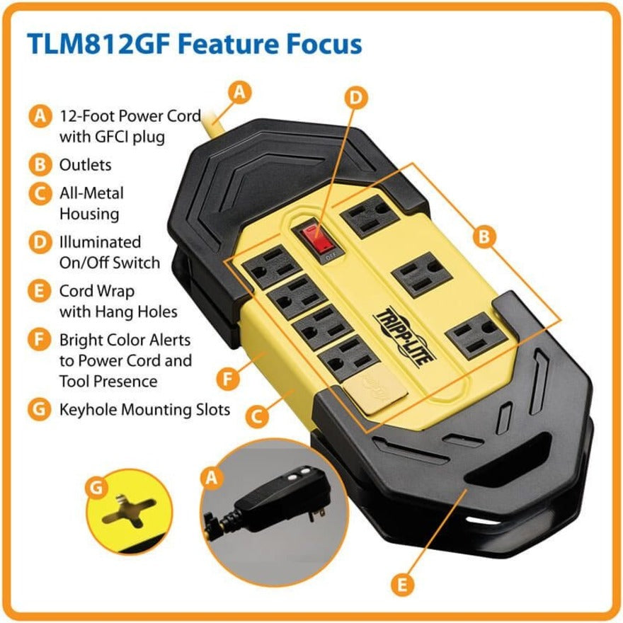 Tripp Lite TLM812GF Safety 8-outlet 12' Cord Power Strip, 120V, Yellow/Black