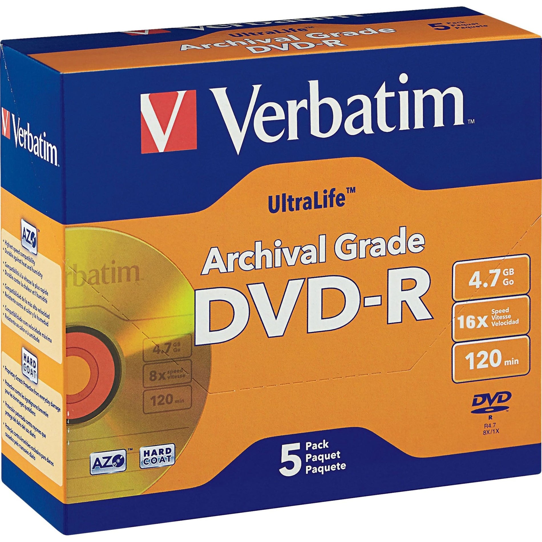 Verbatim 96320 UltraLife 4.7GB 16X DVD Recordable Media, 5PK DVD-R 8X Archival Grade Gold Shiny Jewel Case