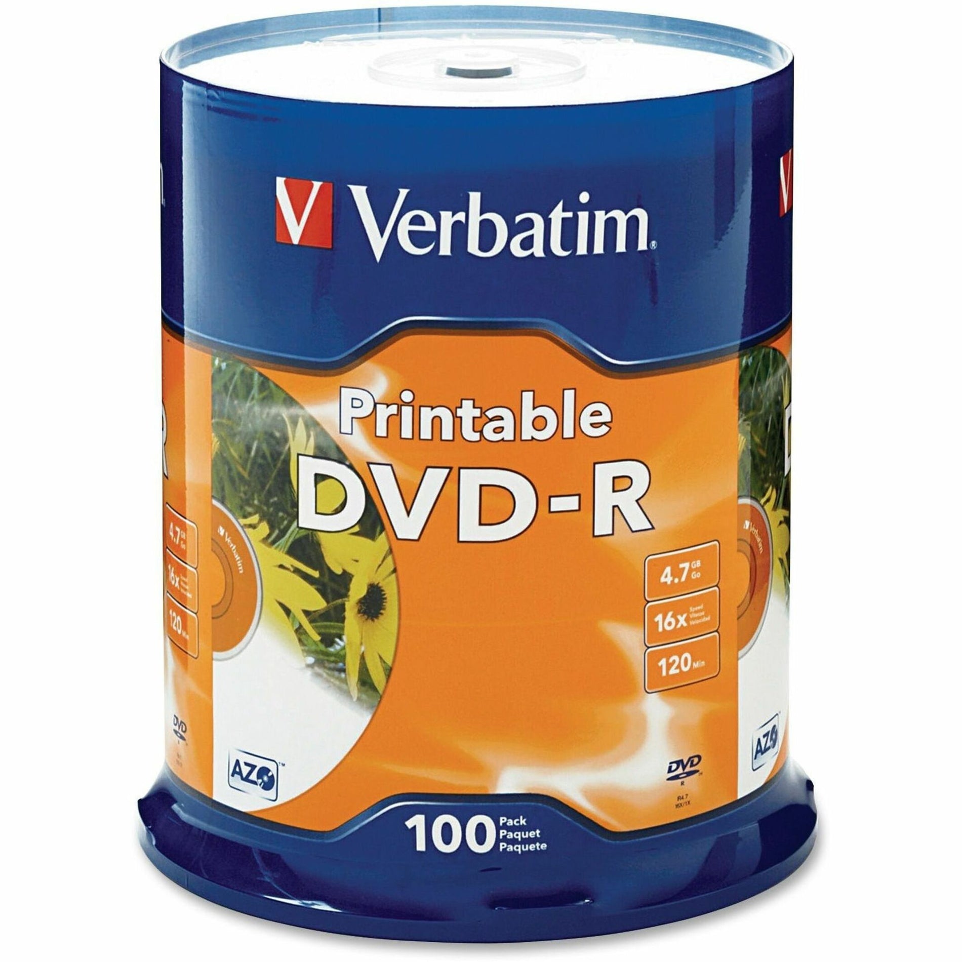 Verbatim 95153 White Inkjet Printable DVD-R Spindle, 16x, 4.7GB, 100/PK