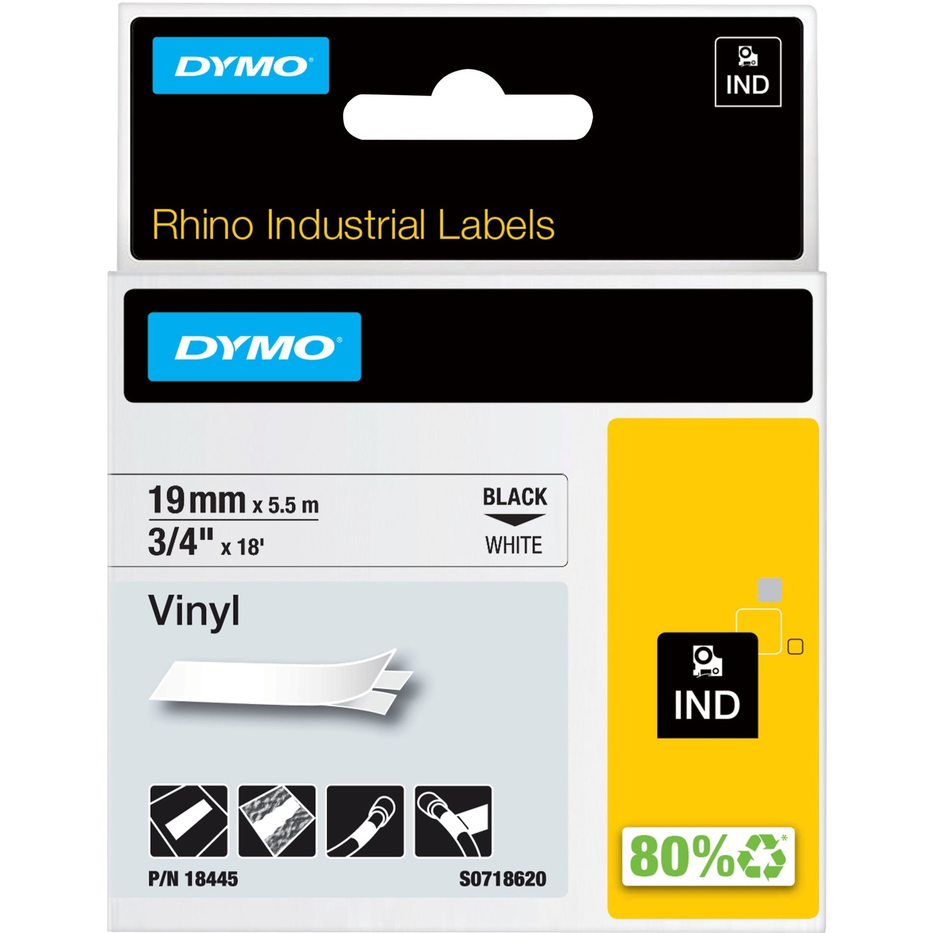 Dymo 18445 colored Vinyl Label Tape, 3/4" x 18 ft, Black on White, Chemical Resistant