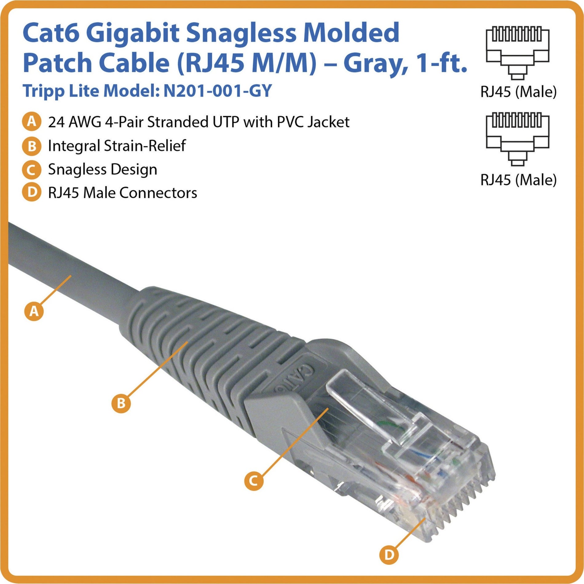 Tripp Lite N201-001-GY Cat6 UTP Patch Cable, 1ft Gray Gigabit Snagless RJ45 Patch Cable