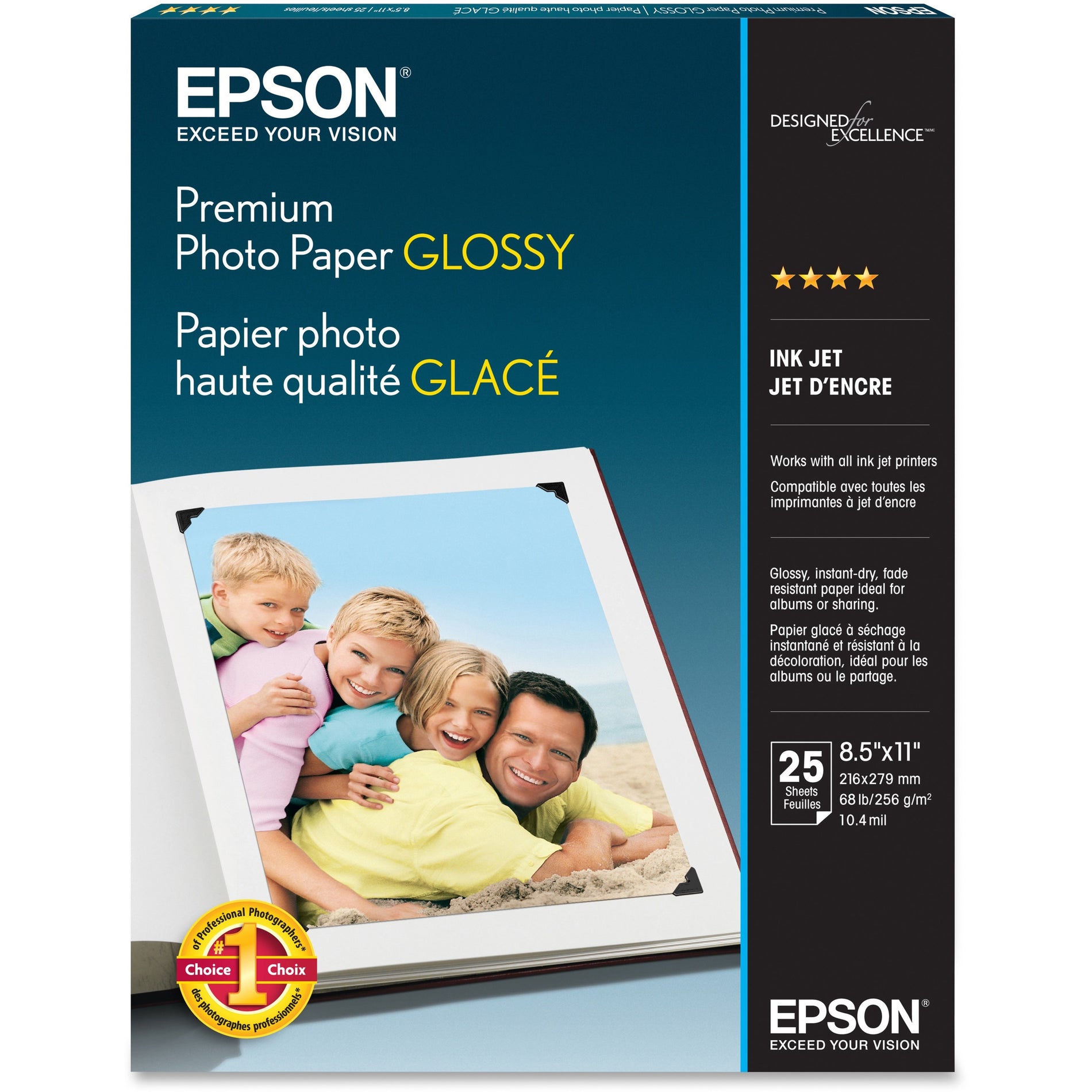 Epson S042183 Premium Glossy Photo Paper, 8.5"x11", 25 Sheets, Bright White