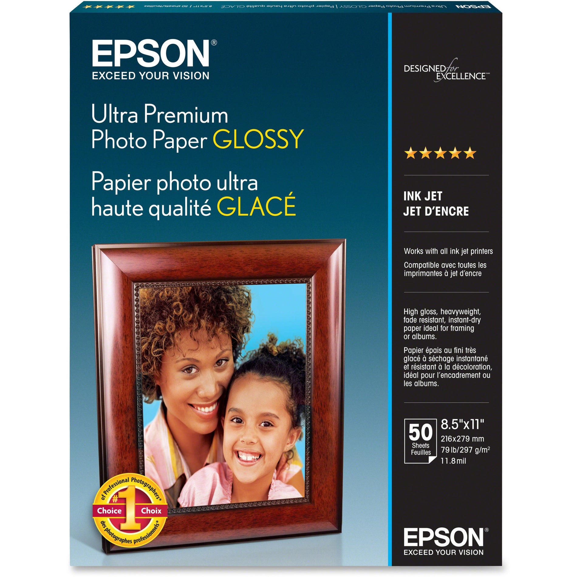 Epson S042175 Ultra-premium Glossy Photo Paper, 8 1/2" x 11", 50 Sheets, Bright White