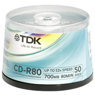 TDK Life on Record 48944 52x CD-R Media, Hub Printable, 700MB Storage Capacity