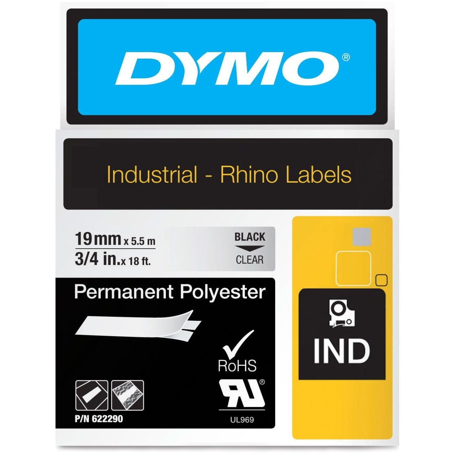 Dymo 622290 RhinoPro Thermal Label, Multipurpose Label, 3/4" x 18 ft, Permanent Adhesive, Clear Polyester