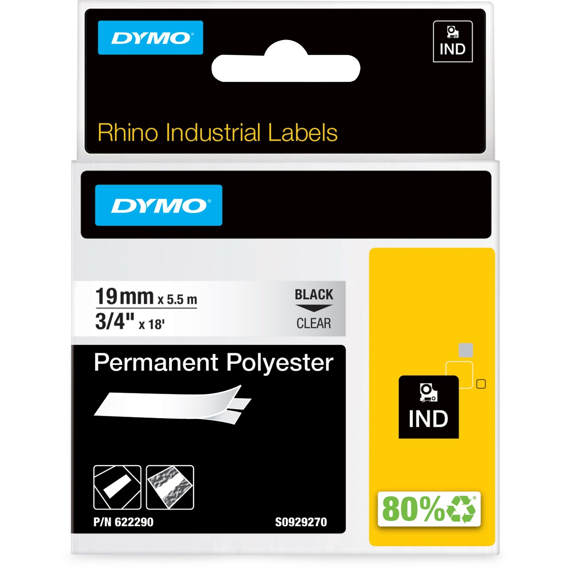 Dymo 622290 RhinoPro Thermal Label, Multipurpose Label, 3/4" x 18 ft, Permanent Adhesive, Clear Polyester