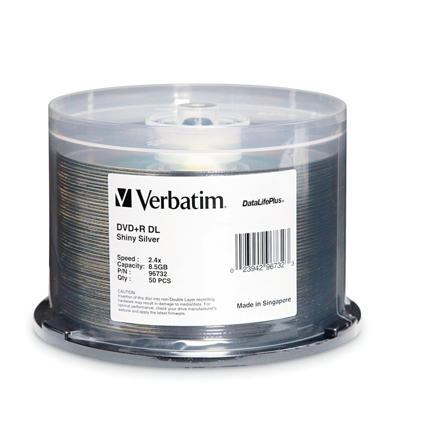 Verbatim 96732 Double Layer DVD+R DL 8.5GB 2.4x DataLifePlus Shiny Silver 50pk Spindle, Lifetime Warranty