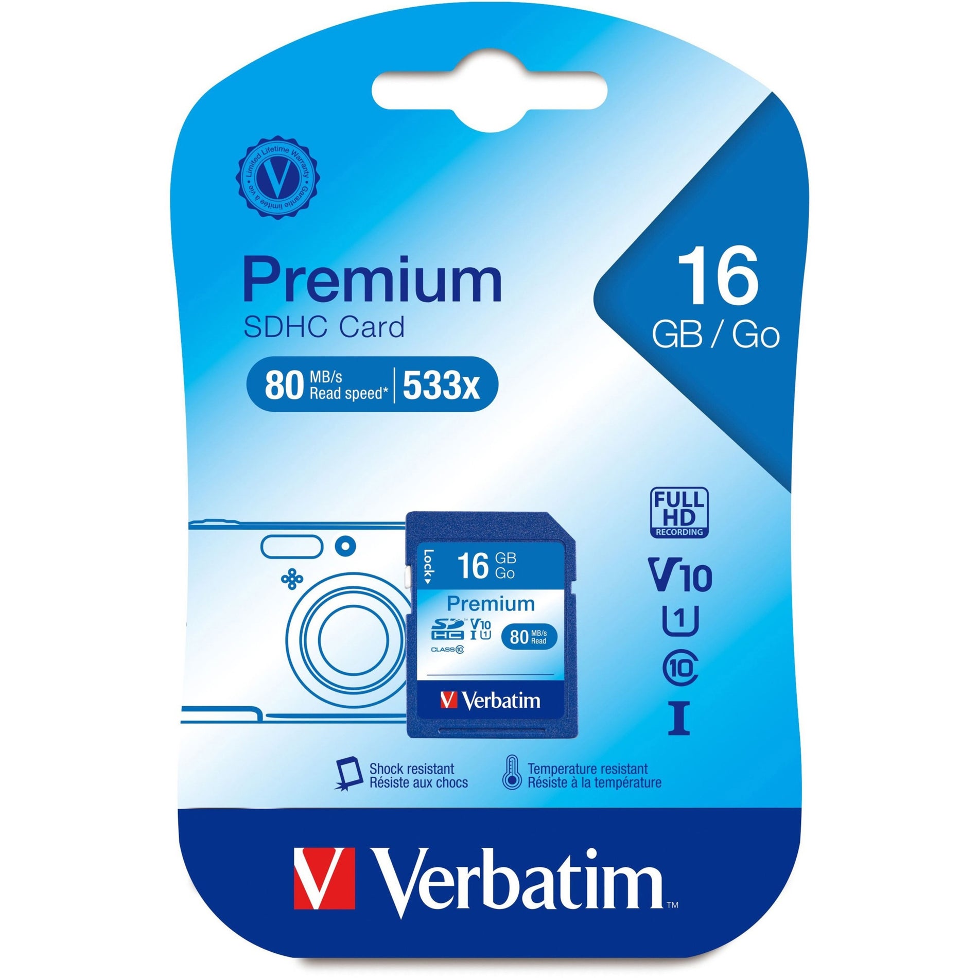 Verbatim 96808 Premium 16GB SDHC Memory Card, UHS-I Class 10, Water Resistant, Write Protection Switch, Temperature Proof, Shock Proof