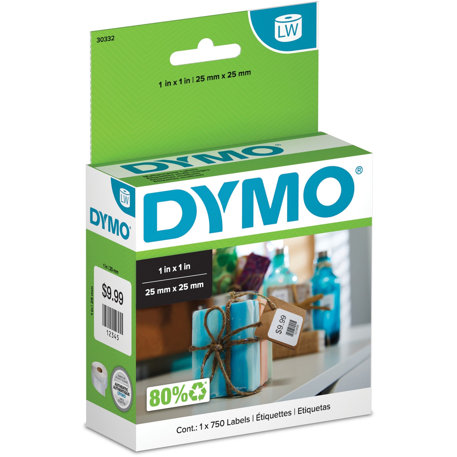 Dymo 30332 LabelWriter Square Multipurpose Labels White, 1" x 1", 750 Labels per Roll