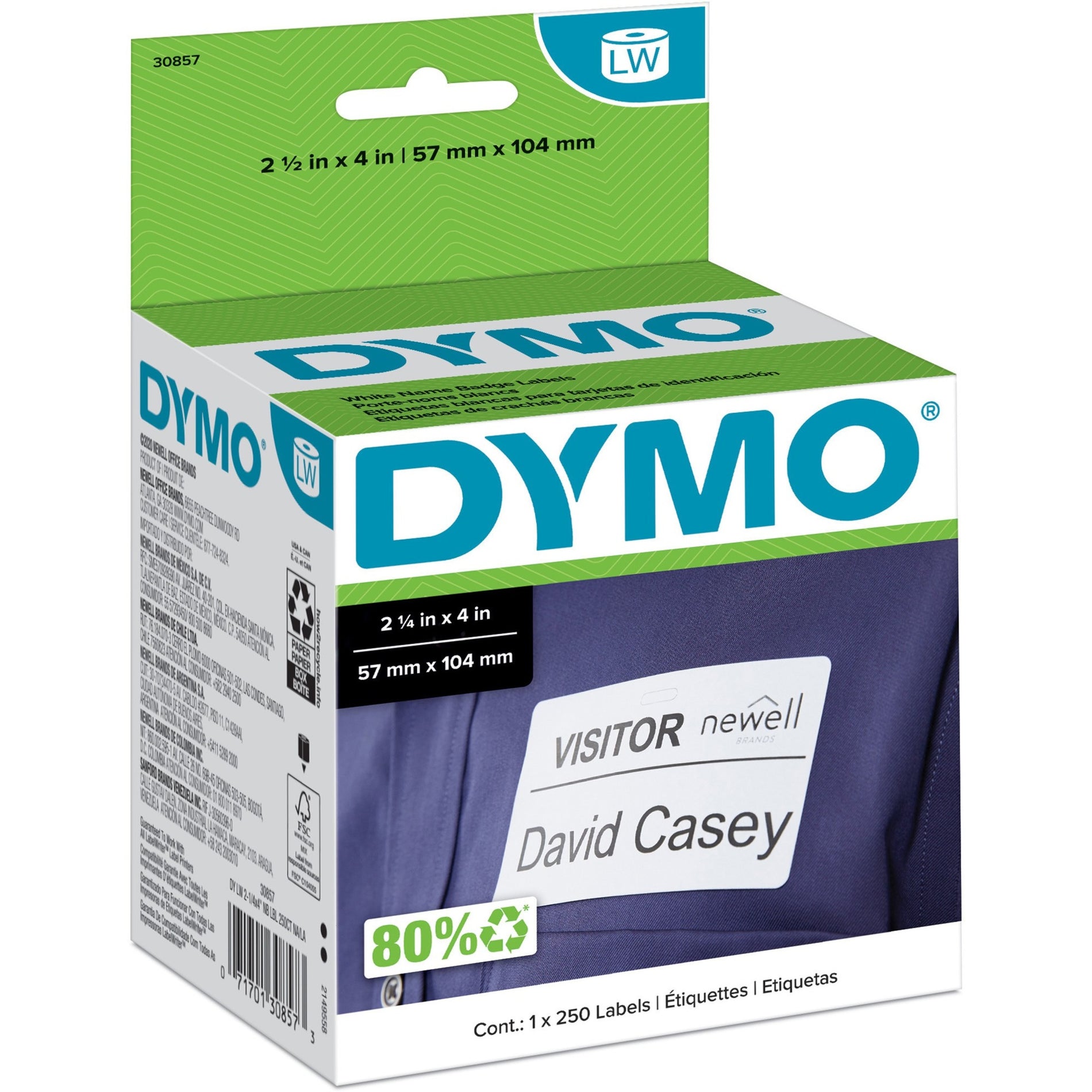 Dymo 30857 LabelWriter Adhesive Name Badges, 4"x2-1/4", 250/BX, White