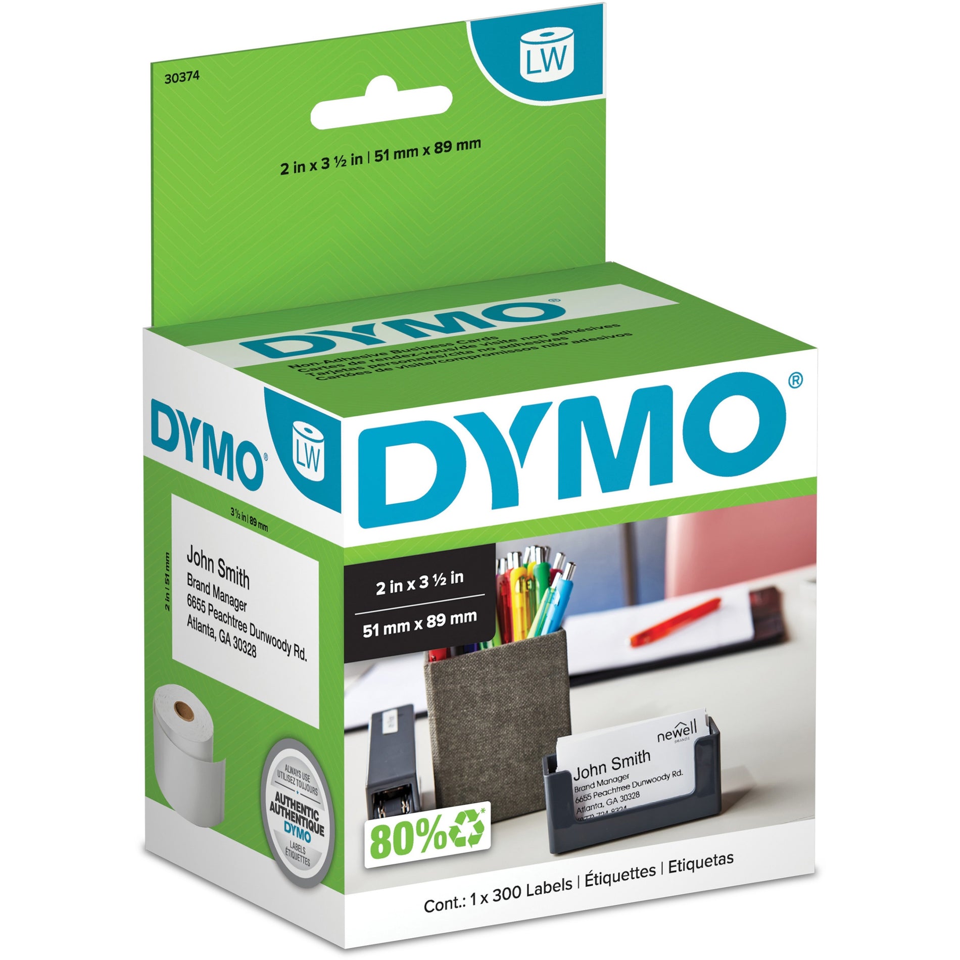 Dymo 30374 Nonadhesive Appointment Cardstock Labels, 2"x3-1/2", 300/RL, White