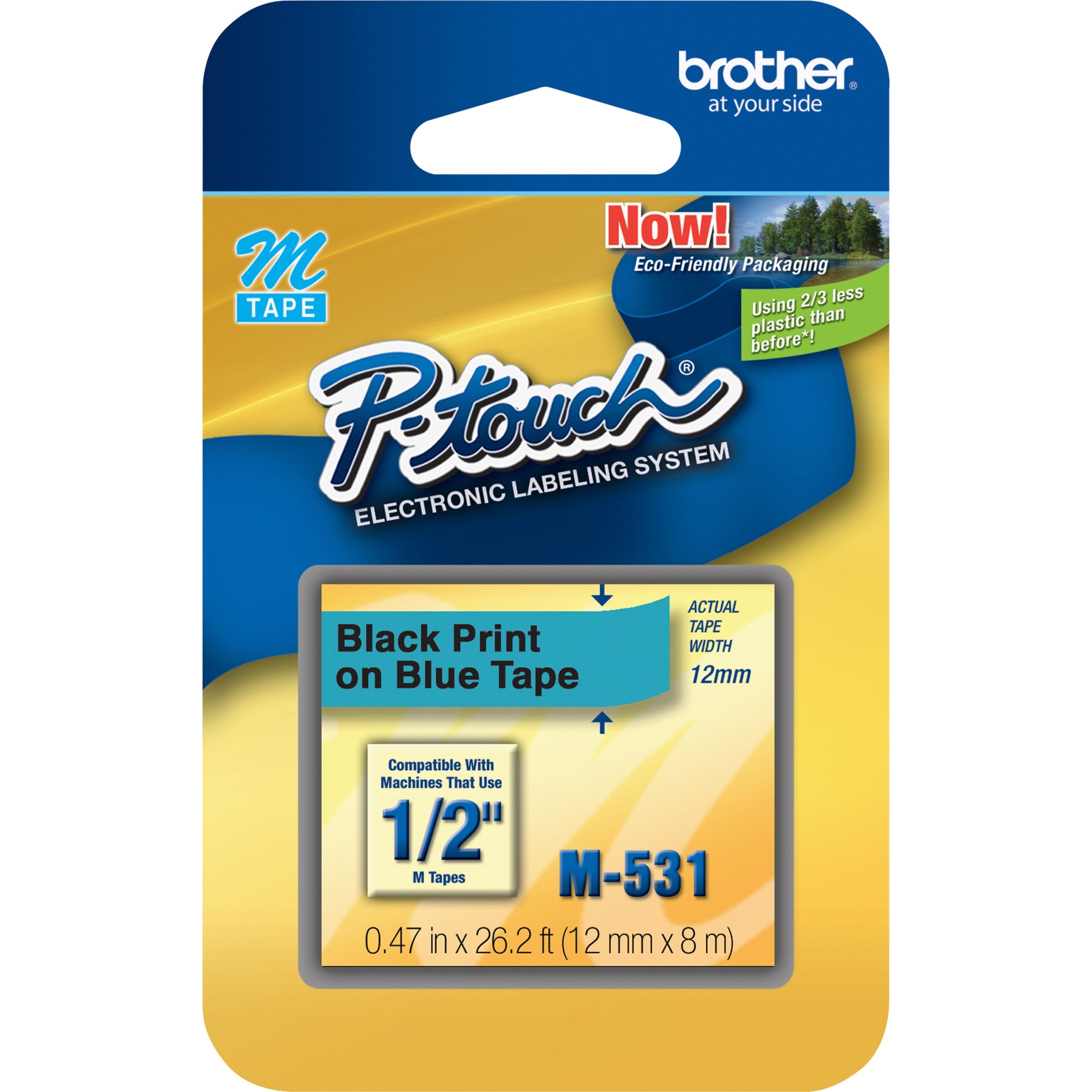 Brother M531 P-touch Nonlaminated Label Tape, 1/2" Size, Black/Blue