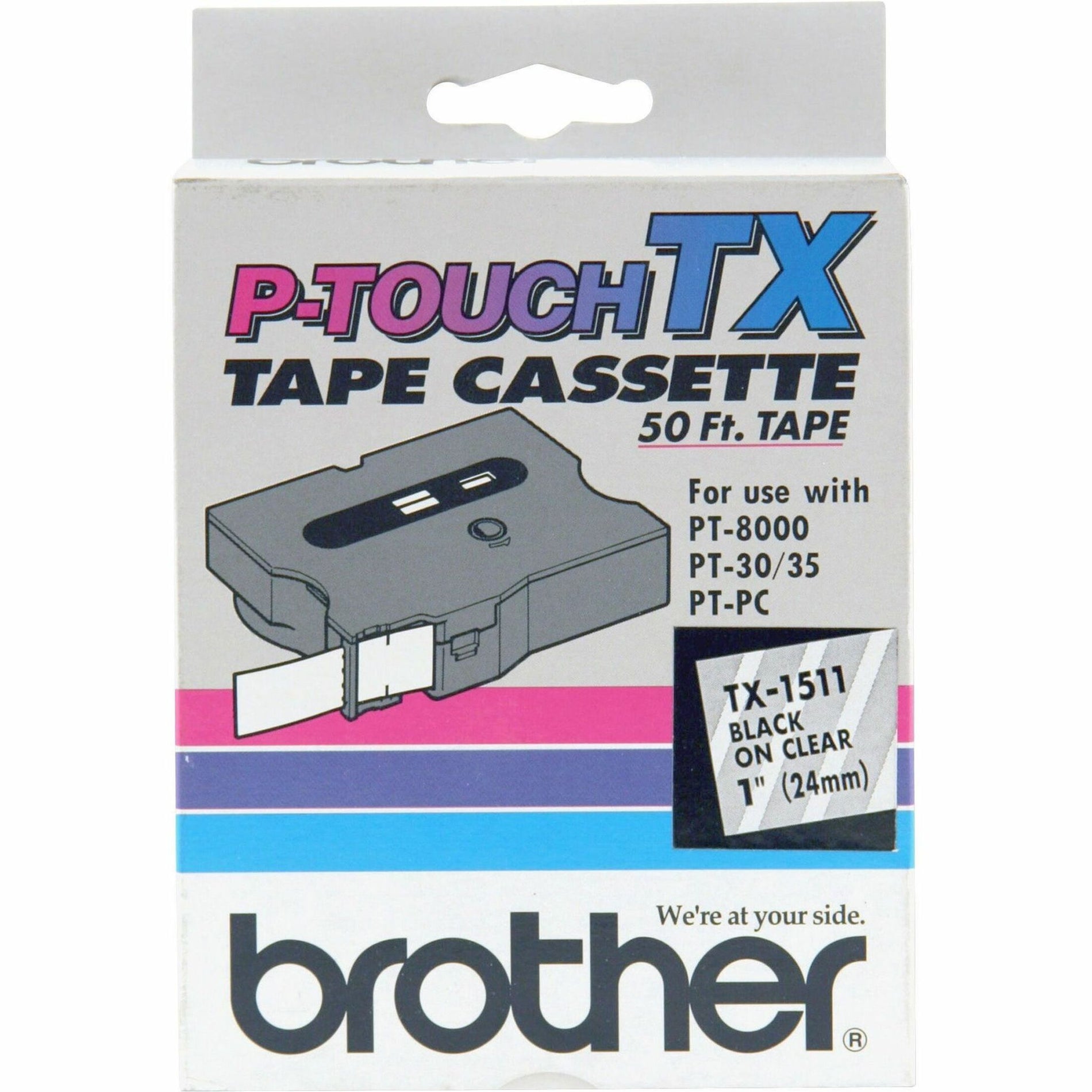 Brother TX1511 TX Series Laminated Tape Cartridge, 1" Size, Black/Clear