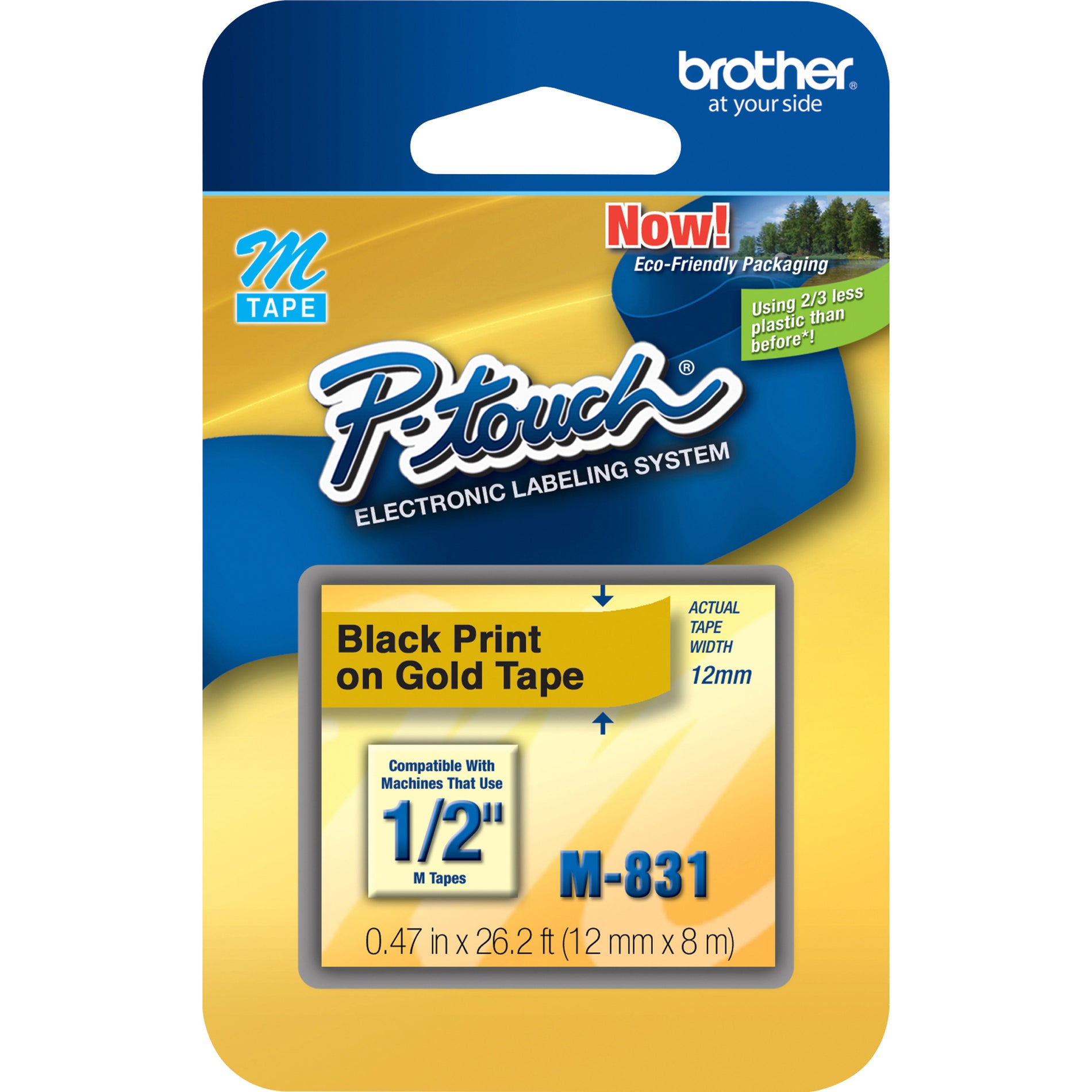 Brother M831 P-touch Nonlaminated Label Tape, 1/2" Size, Black/Gold