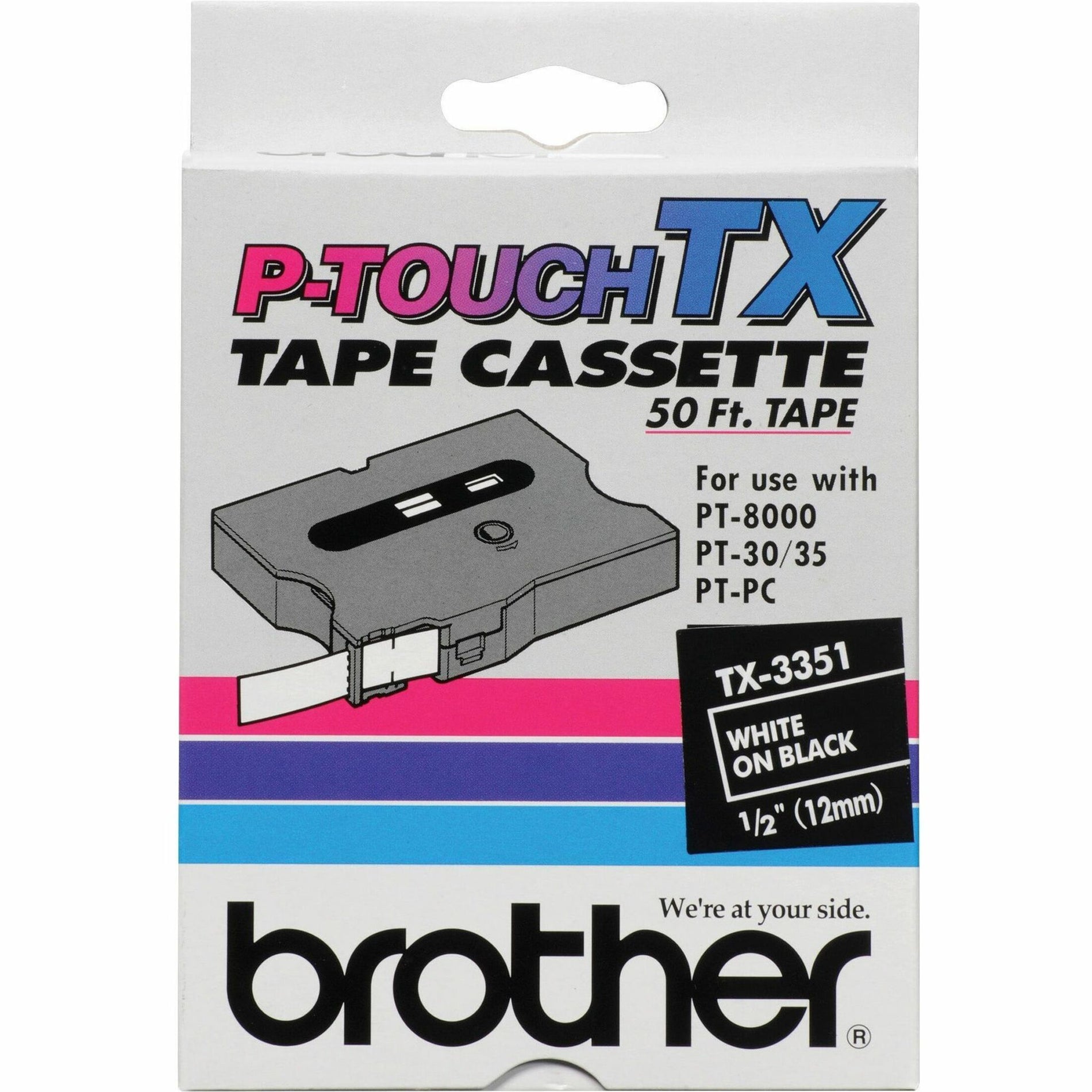 Brother TX3351 TX Series Laminated Tape Cartridge, 1/2" Size, White/Black