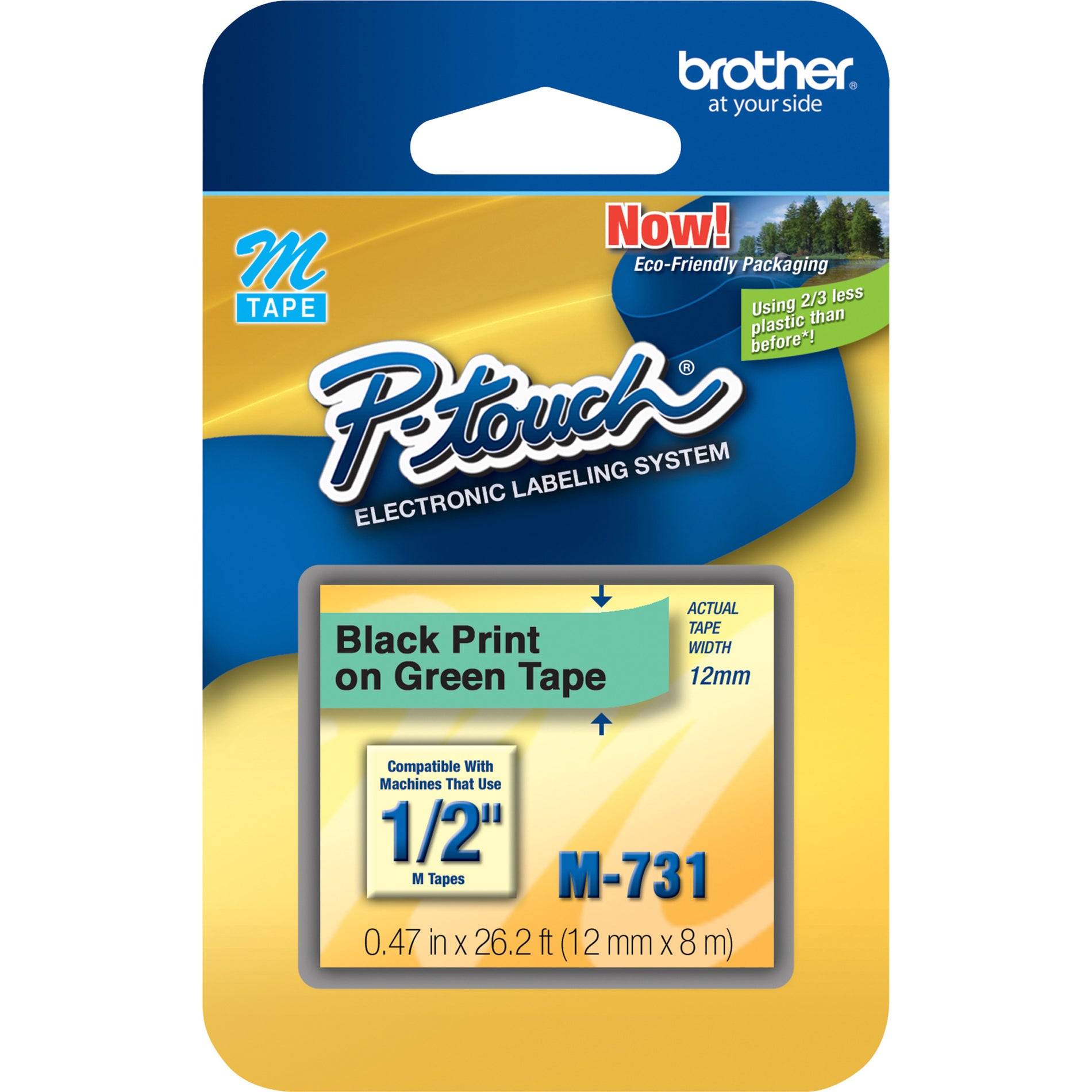 Brother M-731 P-touch Nonlaminated Label Tape, 1/2" Size, Black/Green