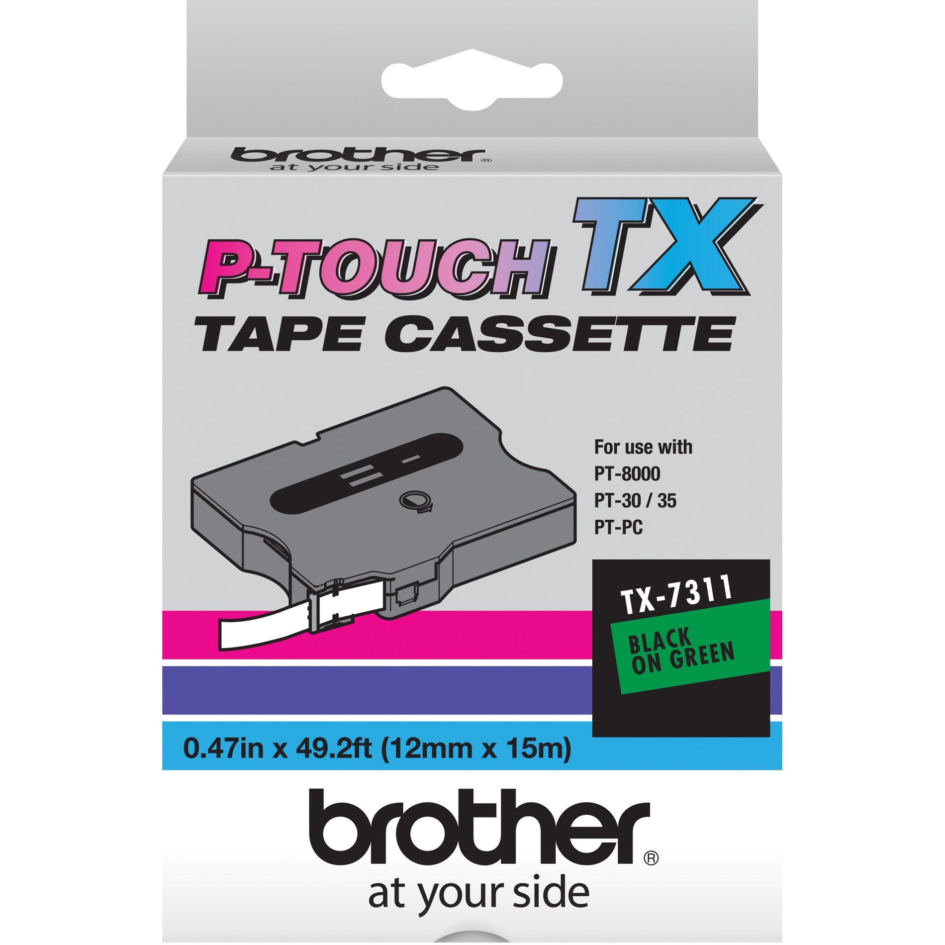Brother TX7311 P-Touch TX Laminated Tape, 0.5" x 50', Green